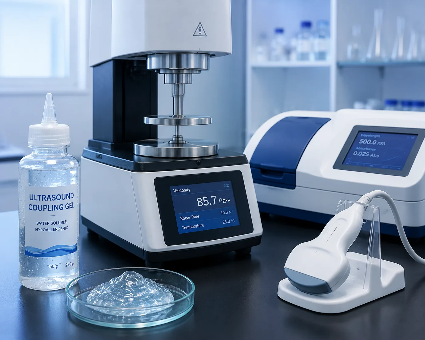 Ultrasound coupling gel testing — rotational rheometer viscosity measurement and acoustic impedance pulse-echo analysis of medical coupling gel per YY 0299, at Beijing ZKGX Research.