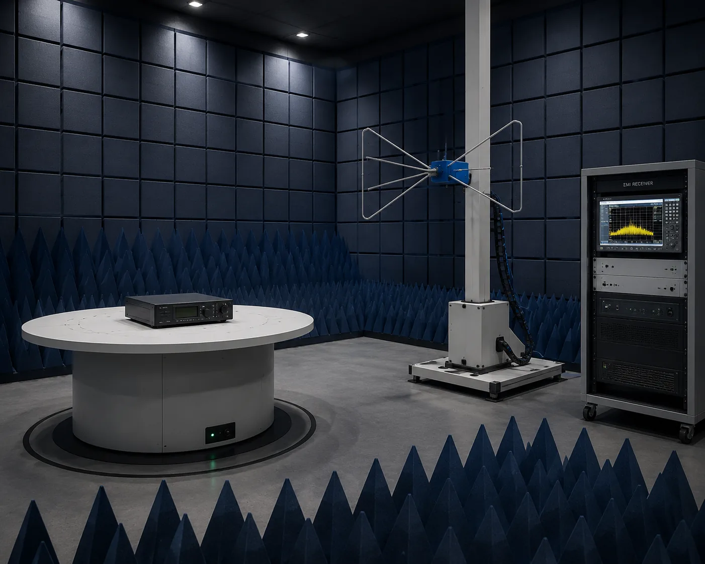 Radiated emission testing — semi-anechoic chamber with EUT on turntable and broadband antenna on motorized mast per CISPR 32 and GB 9254, at Beijing ZKGX Research.