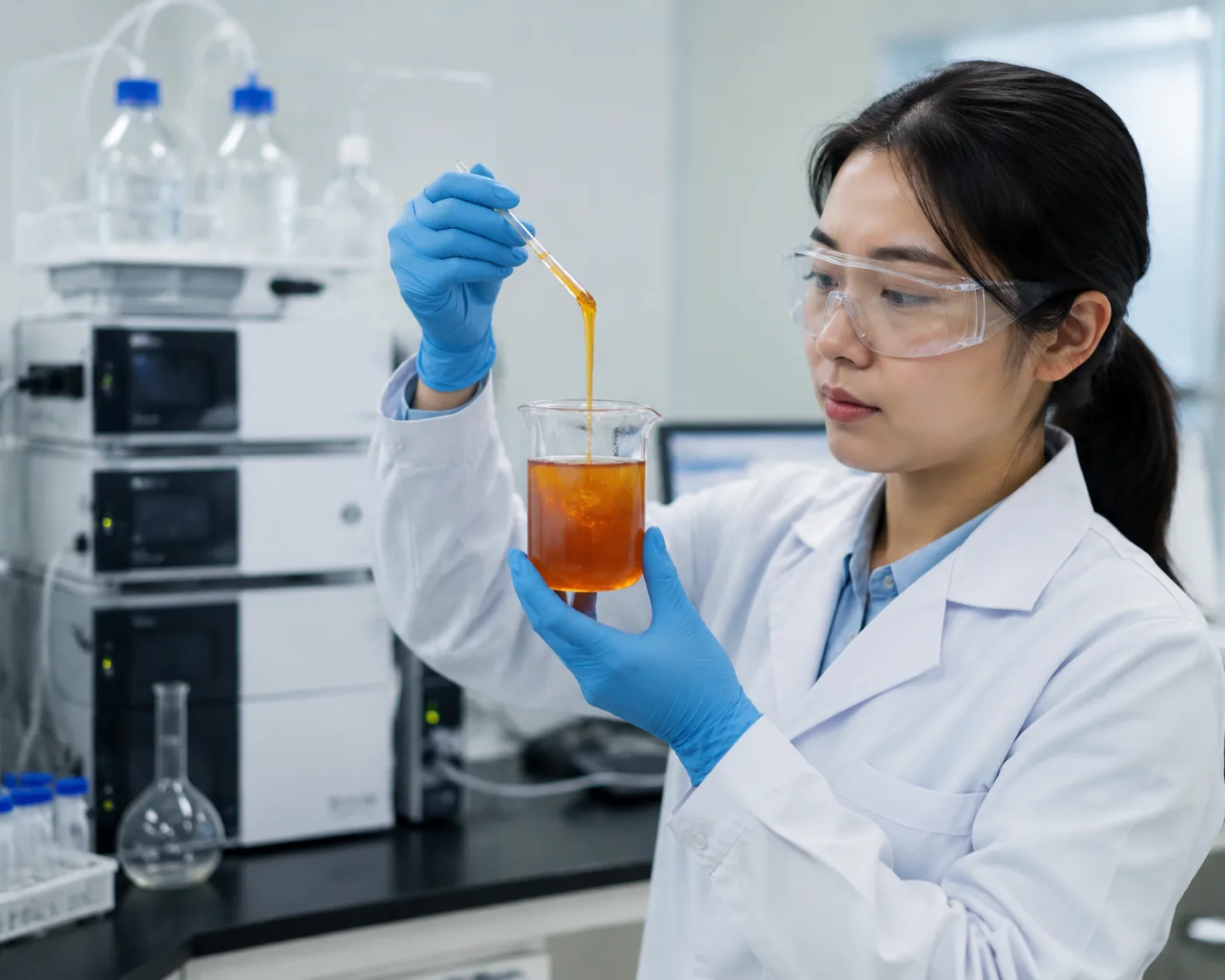 Soybean lecithin testing in a third-party laboratory — technician handling amber lecithin fluid beside HPLC equipment