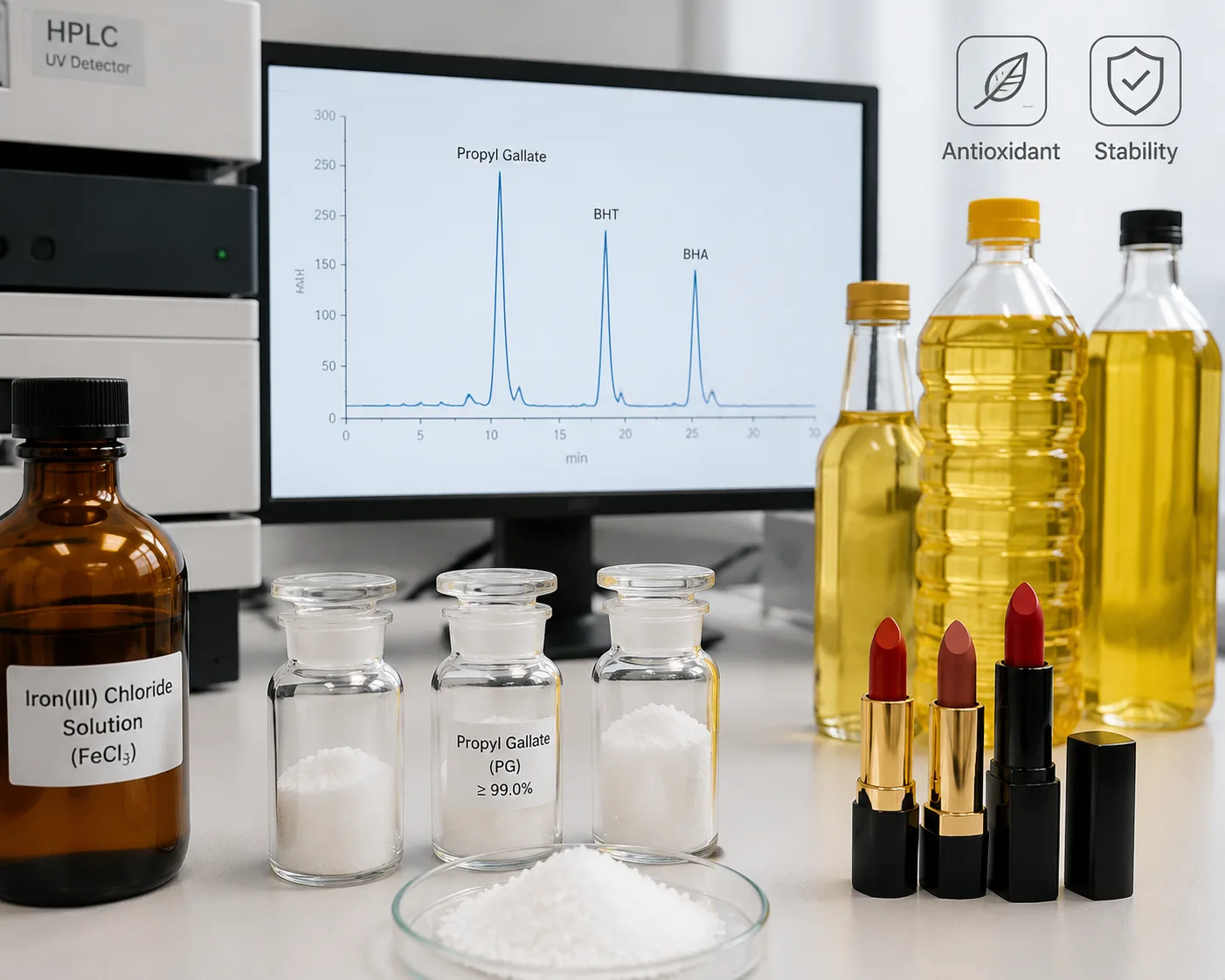 Propyl gallate testing — HPLC-UV quantification and ferric chloride identification of propyl gallate in edible oils and cosmetics per USP, at Beijing ZKGX Research.