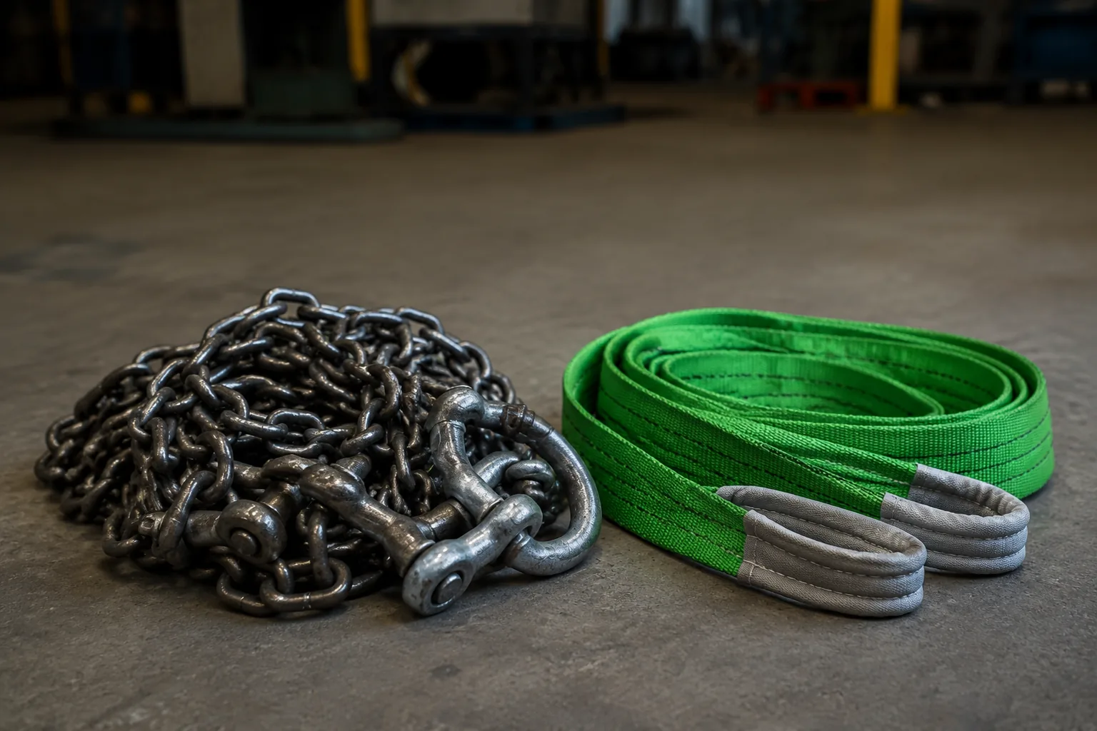 Lifting sling testing — steel chain sling and green synthetic web sling coiled on an industrial workshop floor