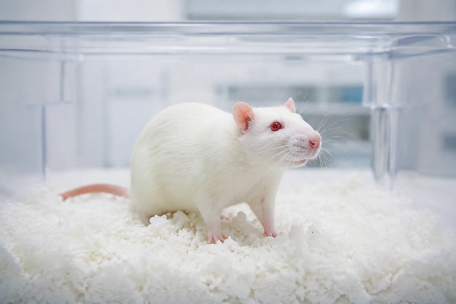Acute dermal toxicity test — laboratory rat in a clean research cage in a toxicology study setting