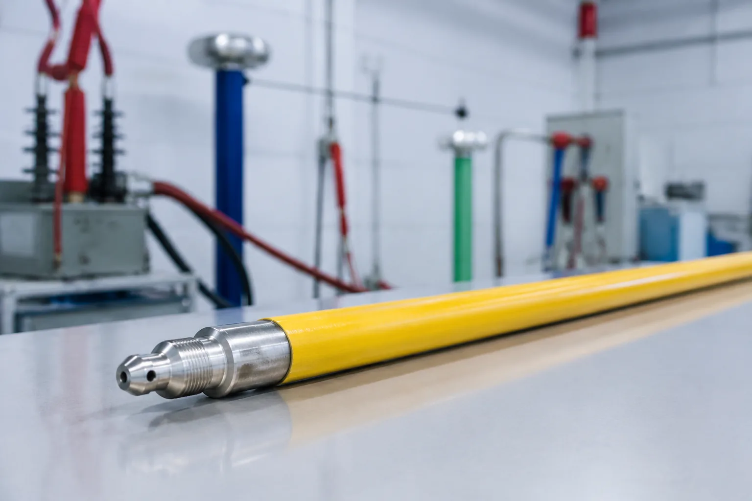 Hot stick testing — yellow fiberglass insulating pole on a lab bench with high-voltage test electrodes in the background