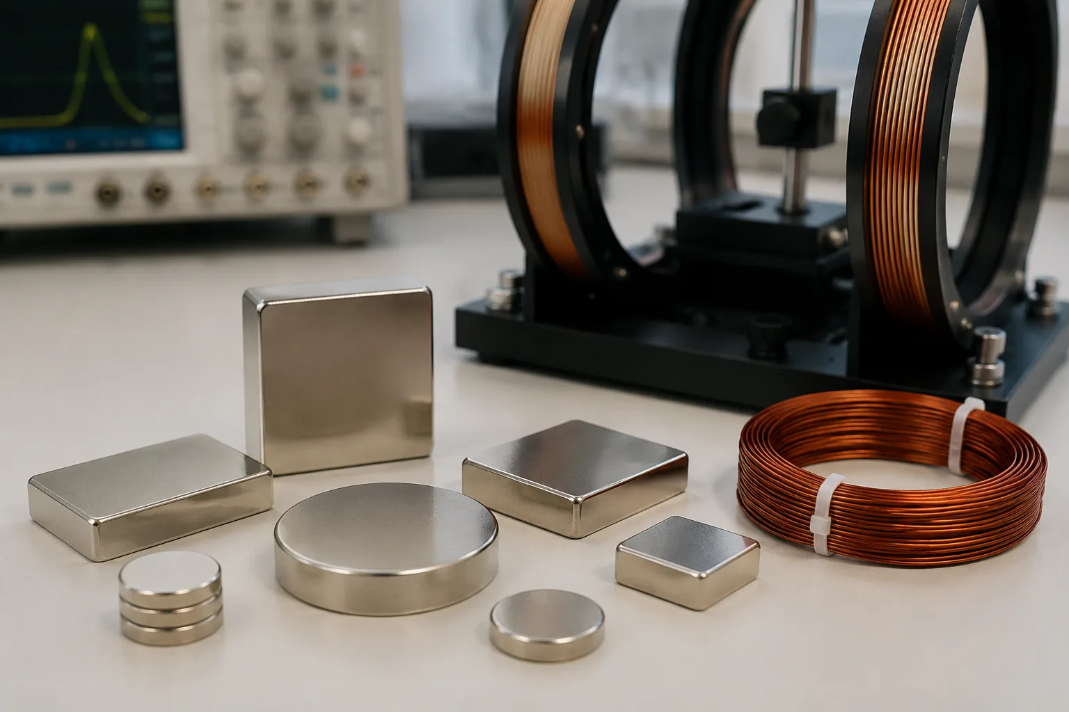 Permanent magnet material testing — nickel-plated neodymium samples beside a Helmholtz coil measurement setup on a lab bench