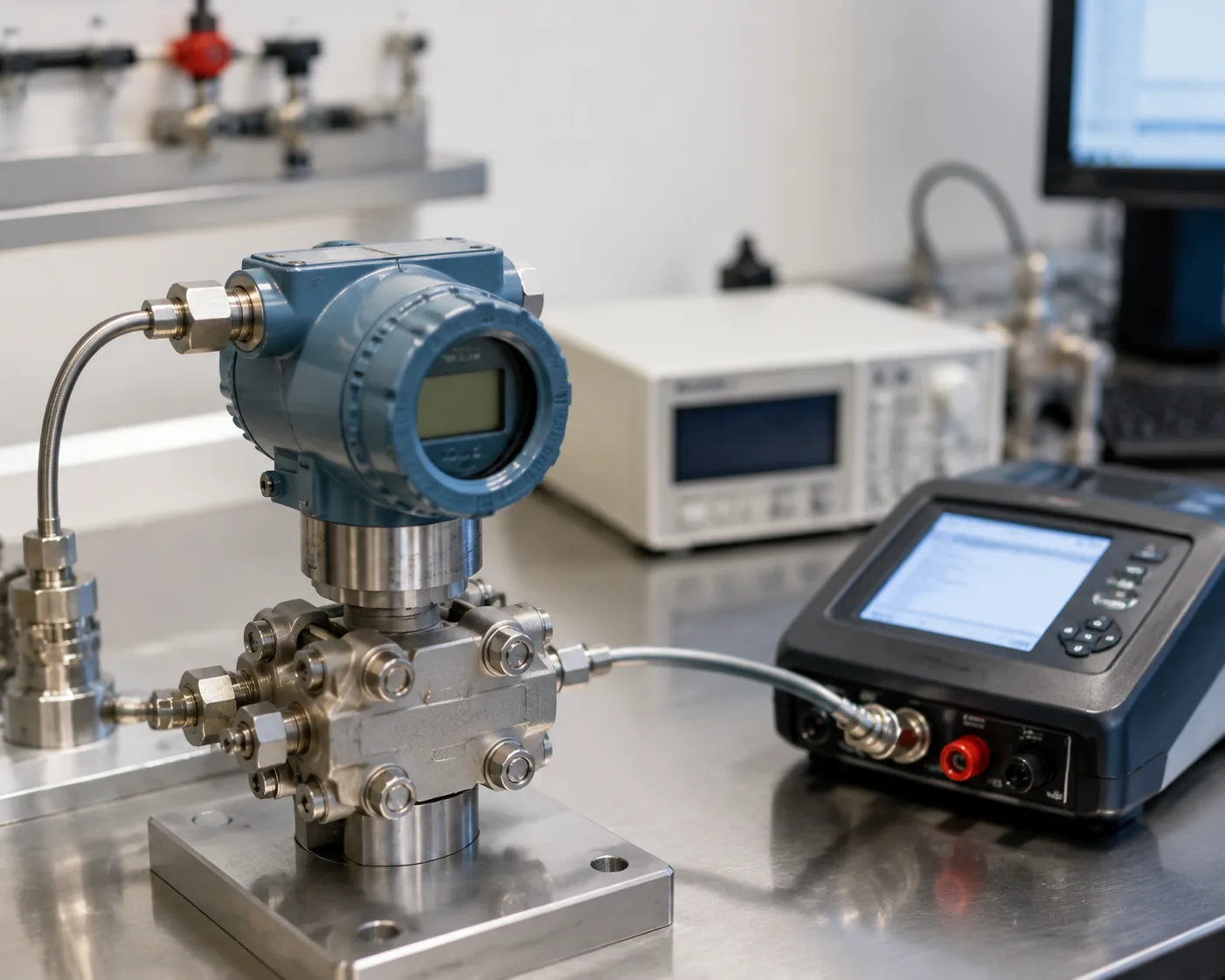 Pressure sensor testing — industrial pressure transmitter on a calibration bench connected to a digital pressure calibrator