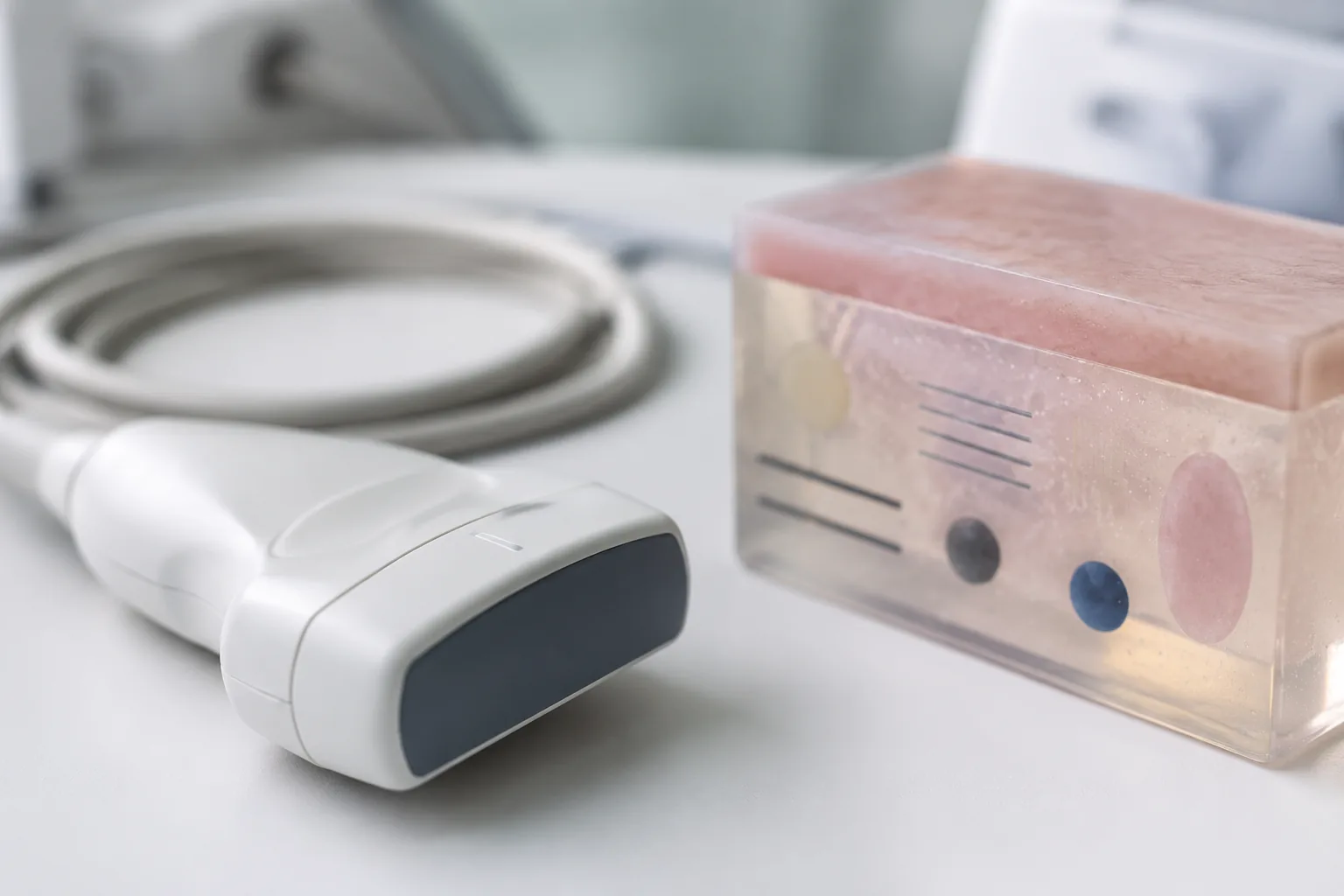 Ultrasound probe testing — diagnostic transducer probe beside a tissue-mimicking QA phantom in a clinical setting