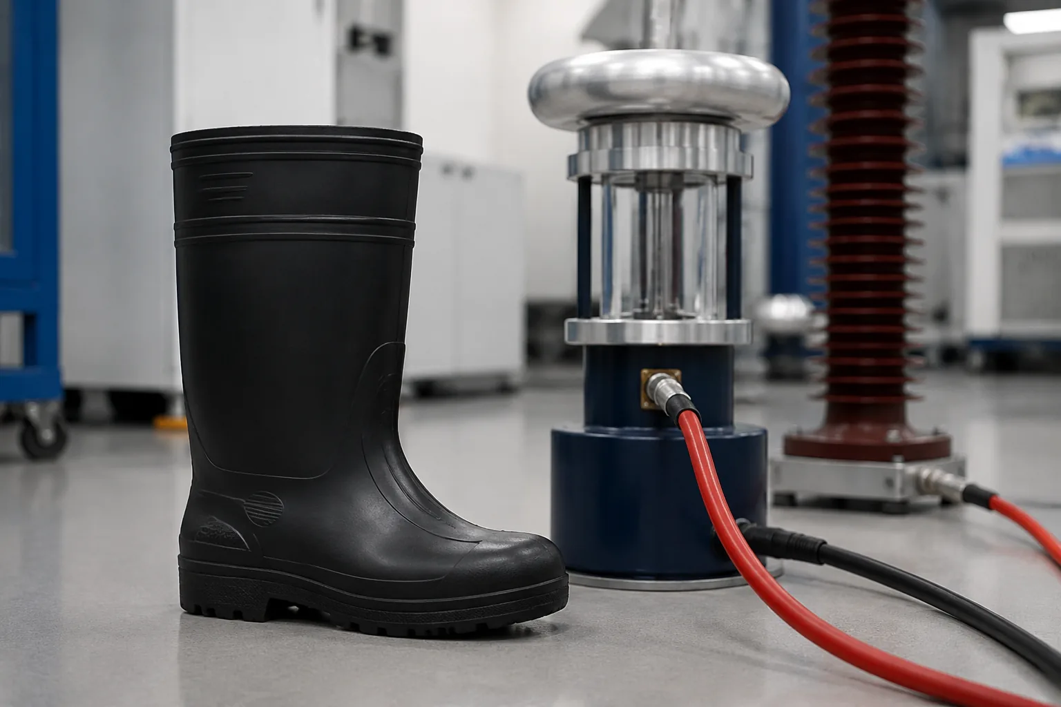 Insulated boots testing — black rubber electrical insulating boot beside a high-voltage dielectric test apparatus in a laboratory