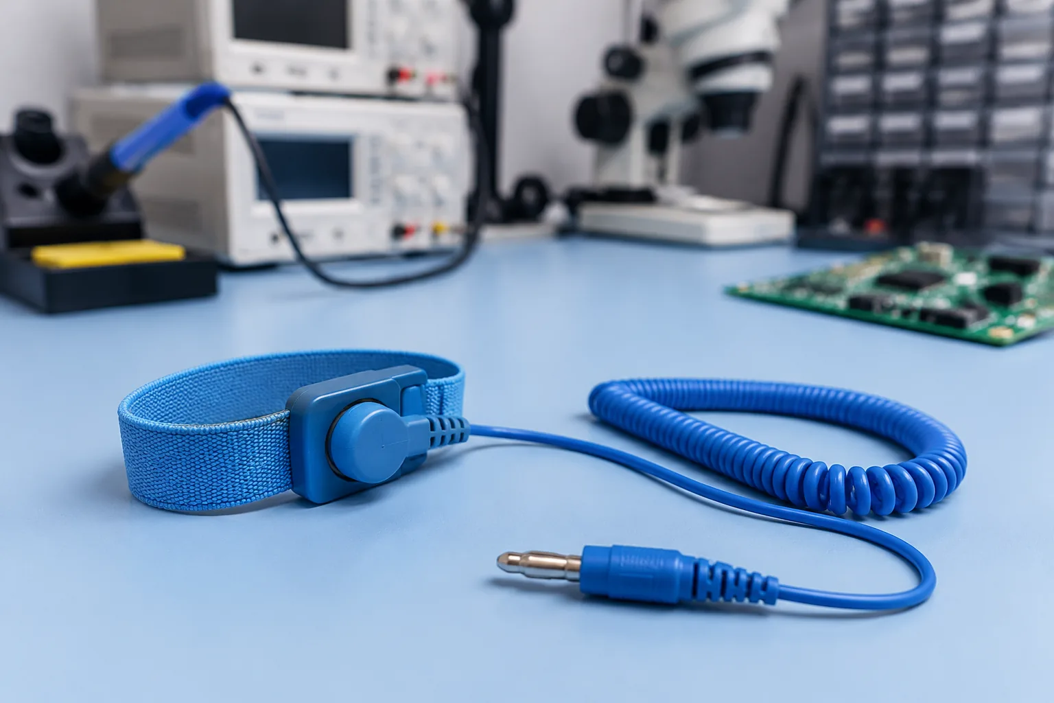 Anti-static wrist strap testing — blue ESD wrist strap with coiled cord and banana plug on an electronics workbench