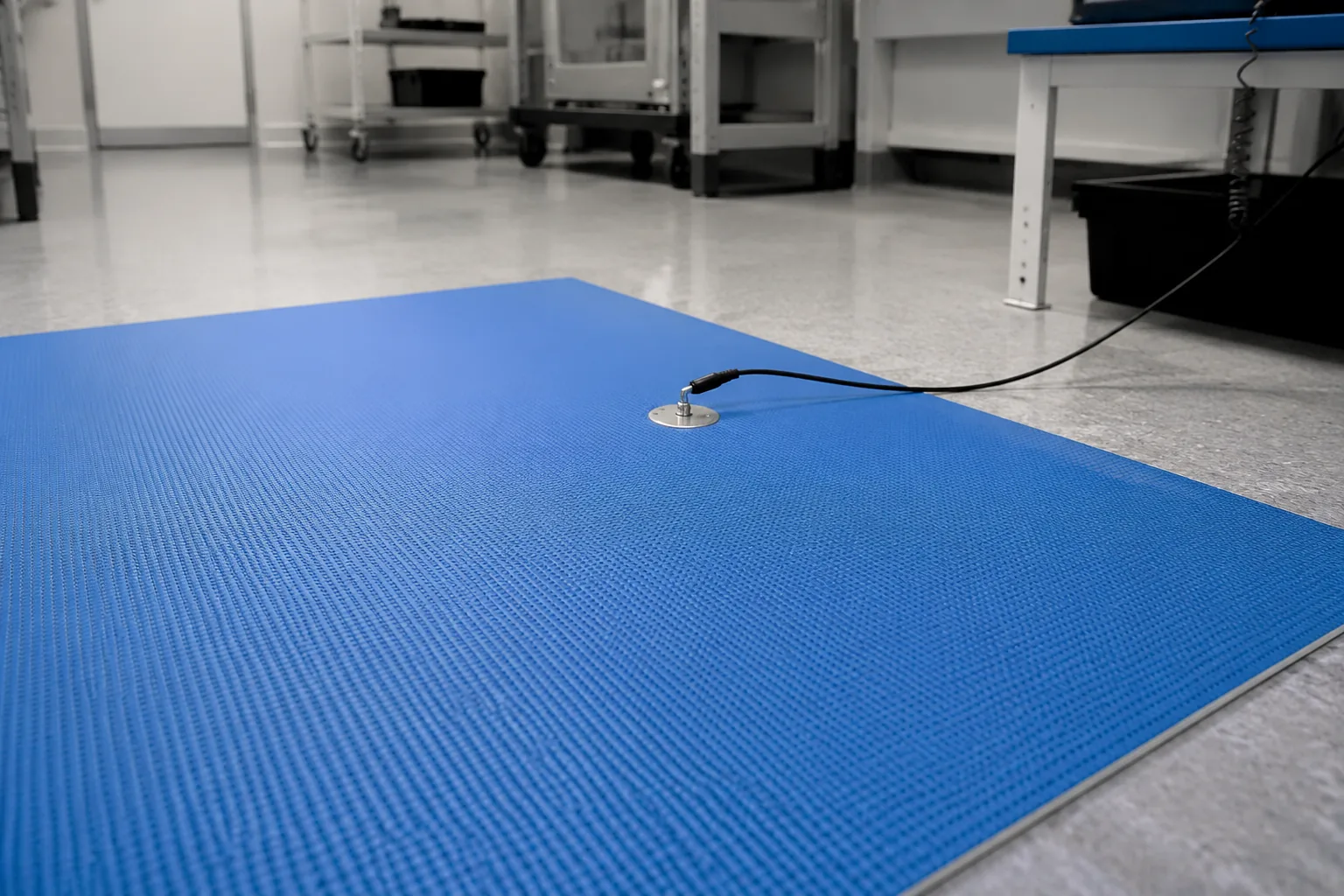 ESD floor mat testing — blue anti-static mat with a metal resistance test electrode and cable on an electronics workshop floor