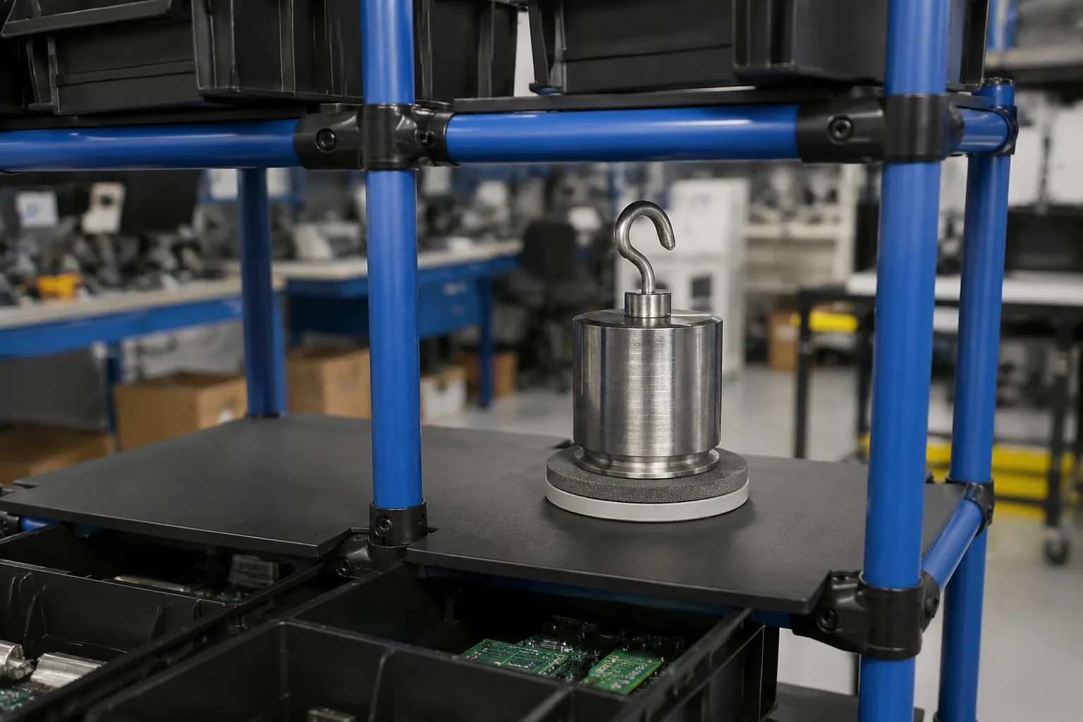 Anti-static rack testing — ESD component rack with dissipative-coated steel tubes and bins, a 5 lb test electrode on a shelf