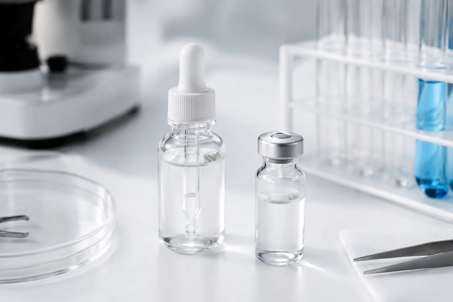 Acute eye irritation test — dropper bottle with saline extract and vial on a laboratory bench for medical-device biocompatibility testing