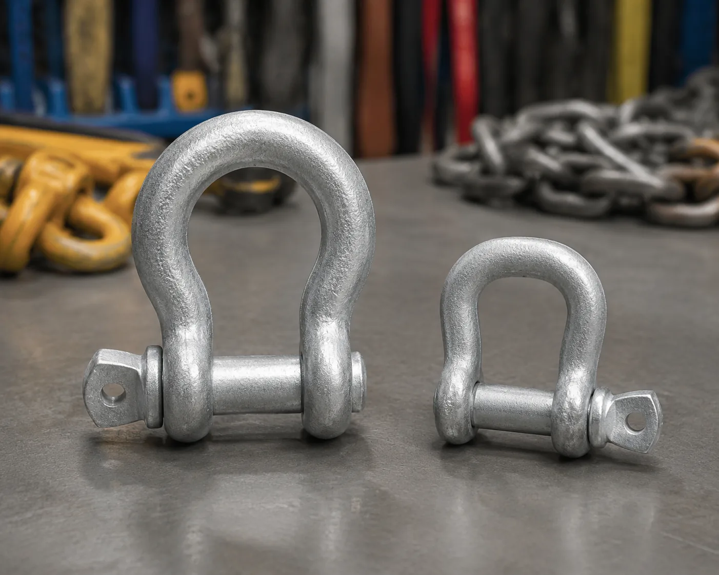 Shackle testing — galvanized bow shackle and D shackle with screw pins on an industrial workbench, rigging hardware