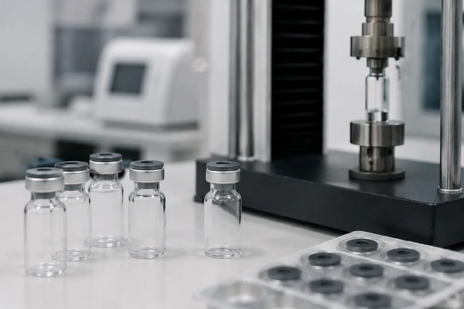 Vial testing — clear pharmaceutical glass vials with rubber stoppers and aluminium crimp caps beside a universal testing machine