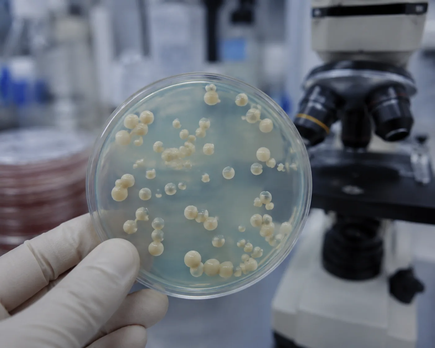Candida albicans testing — petri dish with cream-colored yeast colonies on chromogenic agar beside a microscope in a microbiology lab
