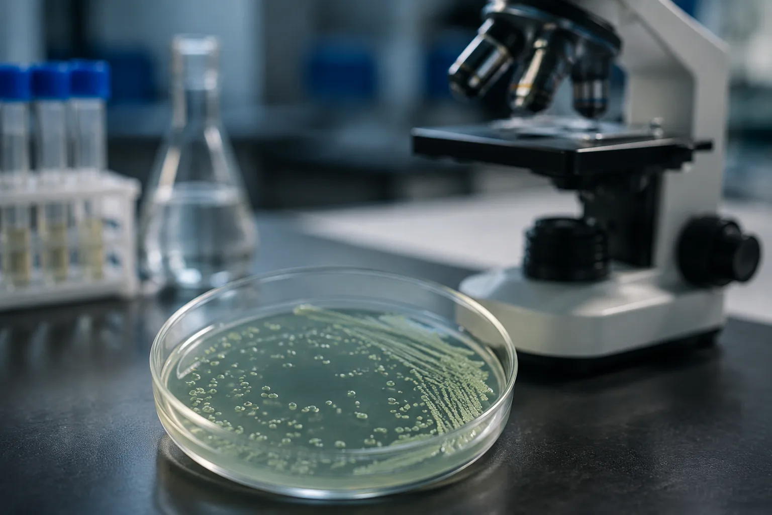 Pseudomonas aeruginosa testing — petri dish with greenish colonies on selective agar beside a microscope in a microbiology lab