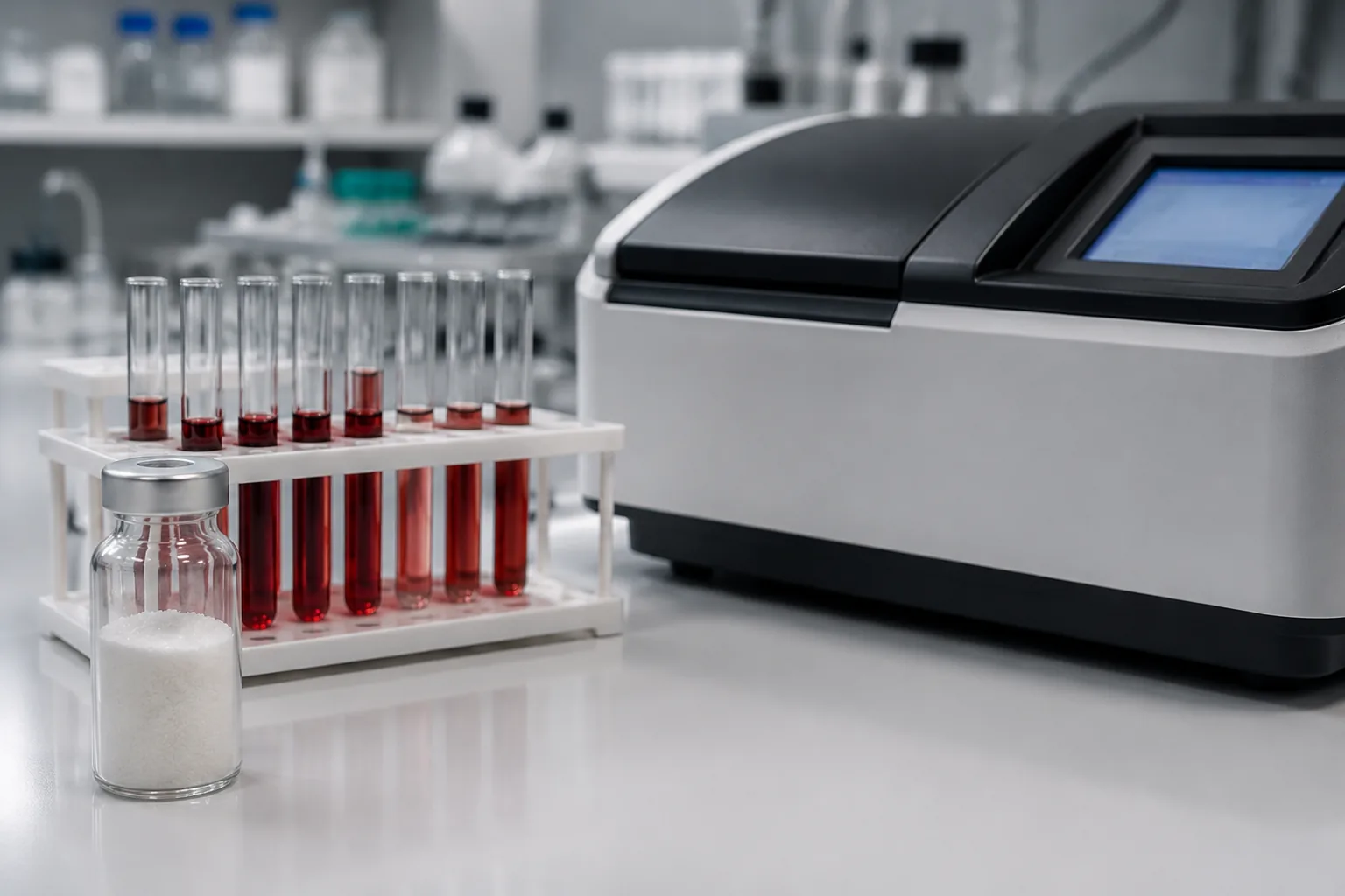Pepsin potency testing — enzyme powder vial beside tubes of reddish hemoglobin substrate and a UV spectrophotometer