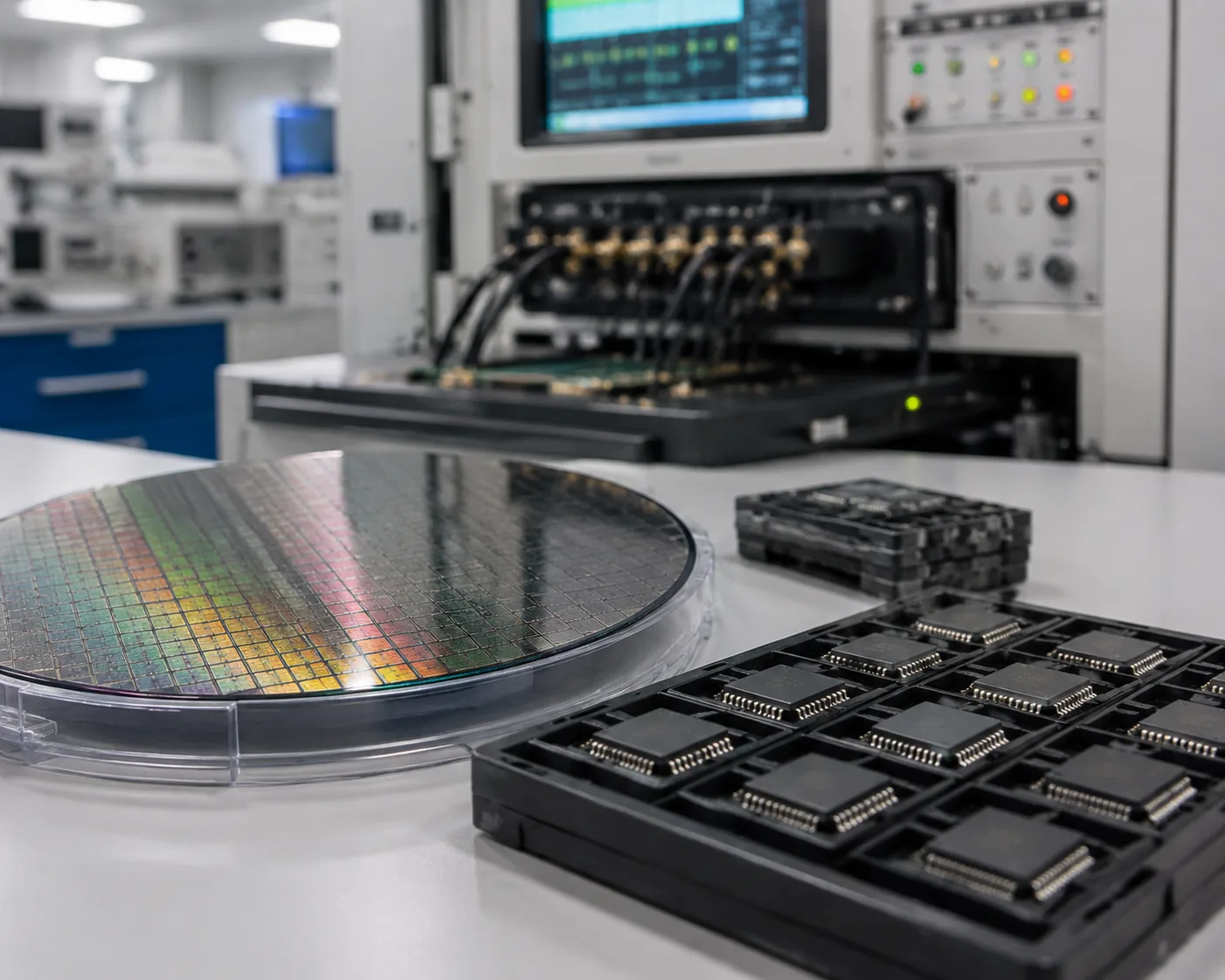 Solid-state relay testing — industrial SSR module on a laboratory bench beside a heat sink and an oscilloscope