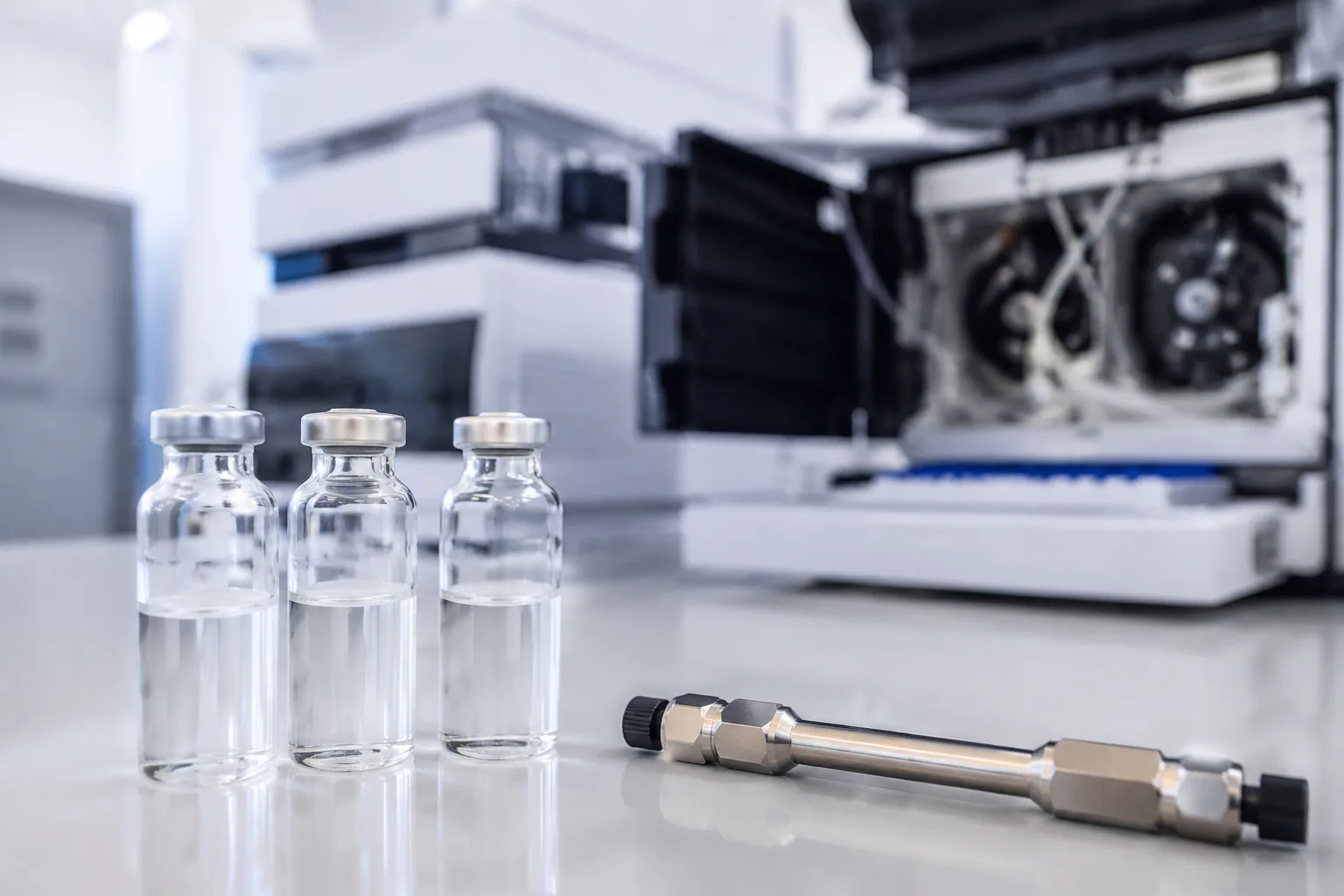 Ivermectin testing — glass vials and an LC-MS/MS chromatography column on a laboratory bench for pharmaceutical analysis