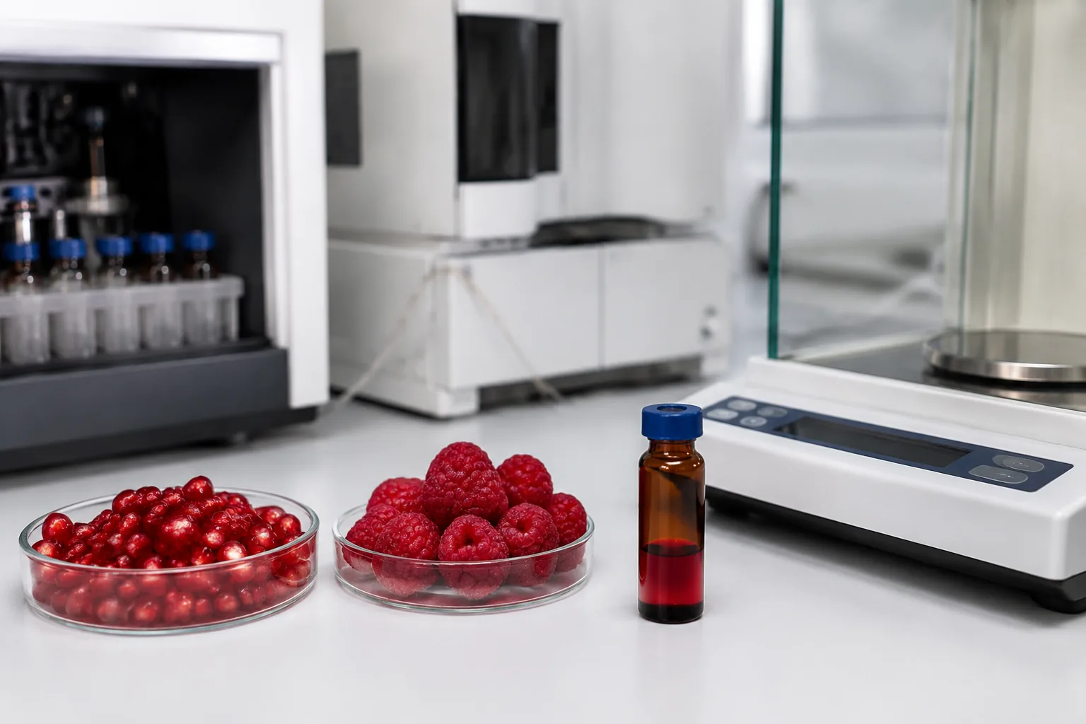 Beta-arbutin testing — white cosmetic cream jar beside an HPLC vial on a laboratory bench for whitening-active analysis