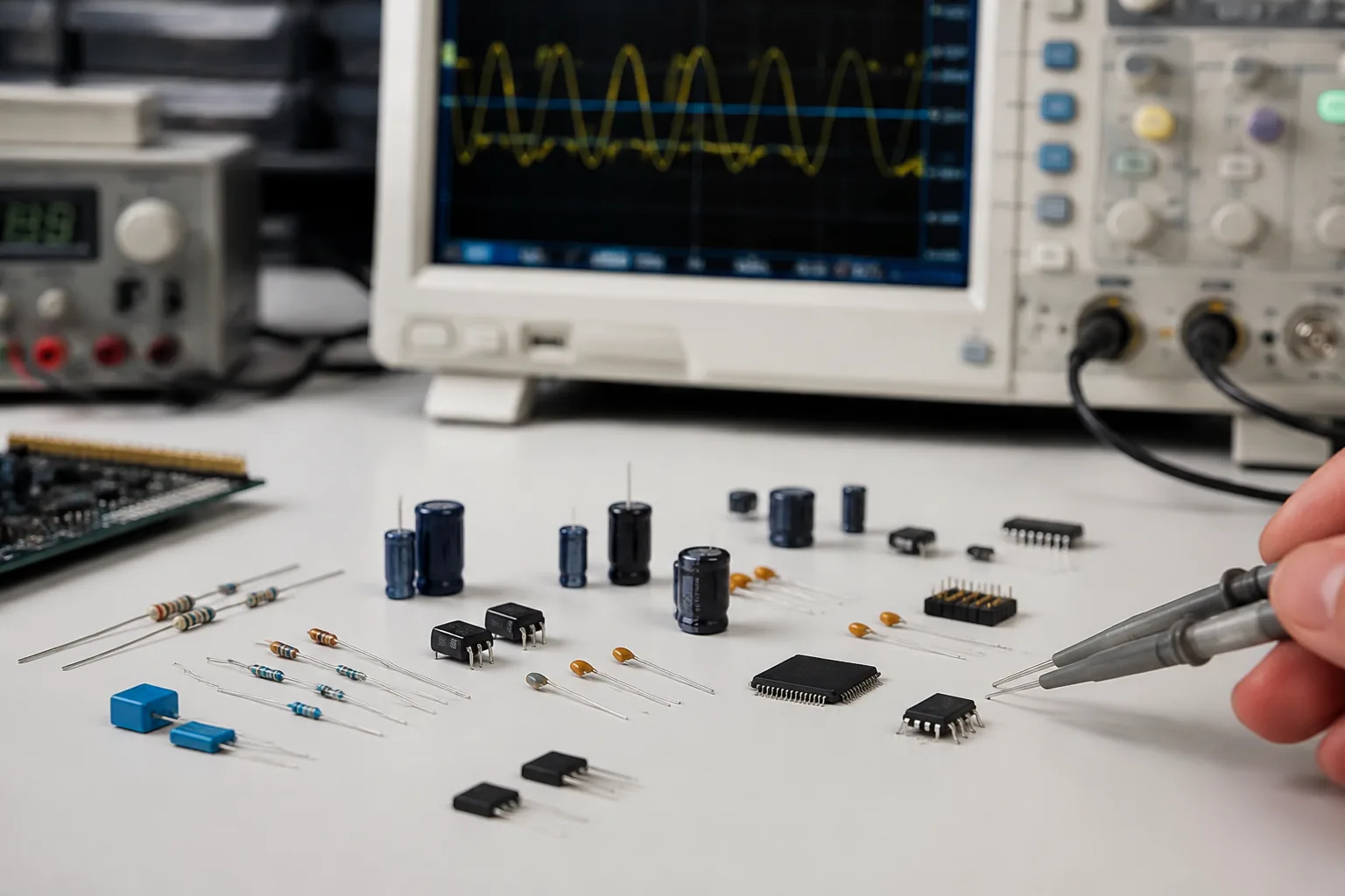 Electronic component testing — assorted resistors, capacitors and integrated circuits on a laboratory bench beside an oscilloscope