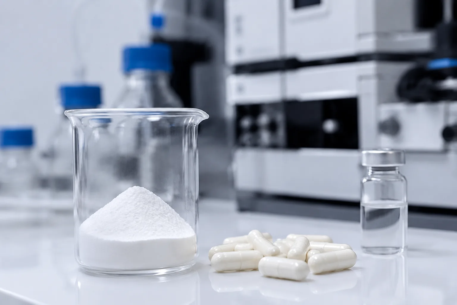Nicotinamide testing — white vitamin B3 powder in a beaker with capsules and an HPLC vial on a laboratory bench