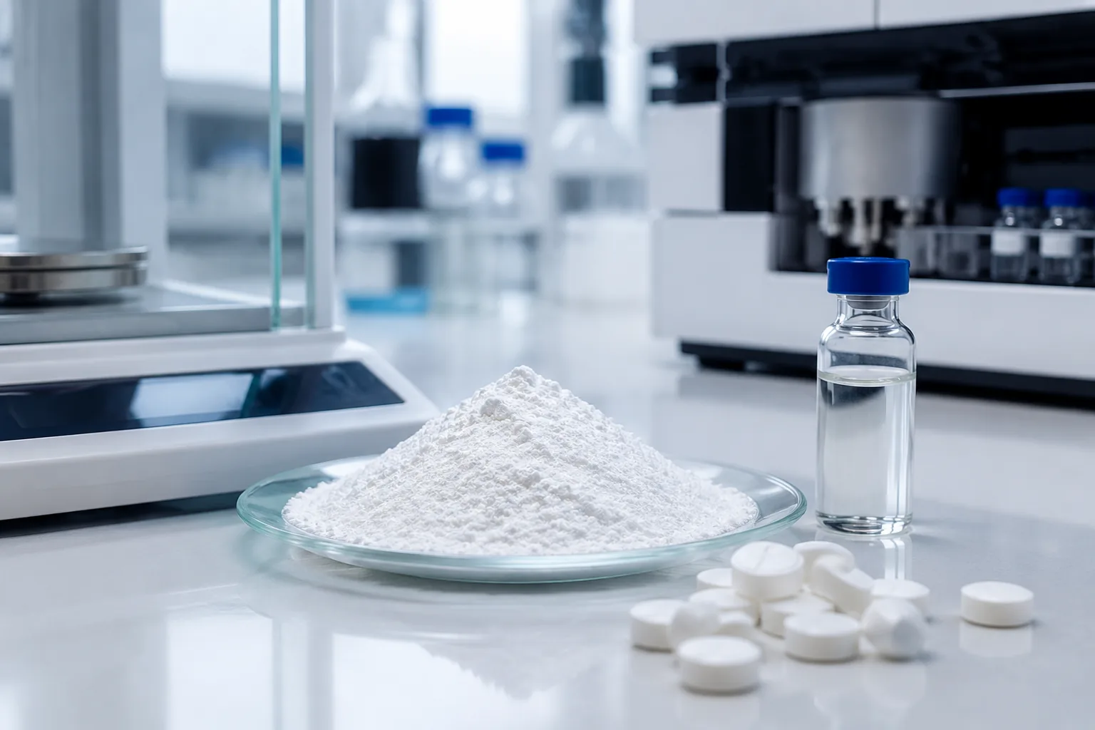 Salicylic acid testing — white powder and tablets on a laboratory bench beside an HPLC vial and analytical balance