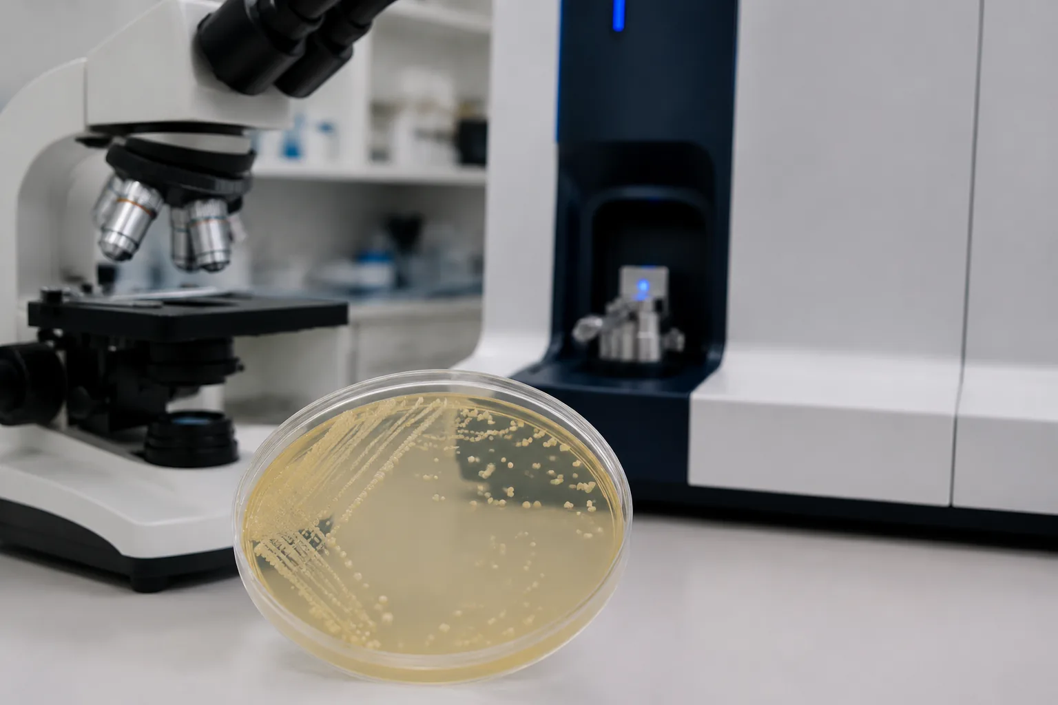 Strain identification — agar plate with bacterial colonies beside a microscope and a MALDI-TOF mass spectrometer in a microbiology lab