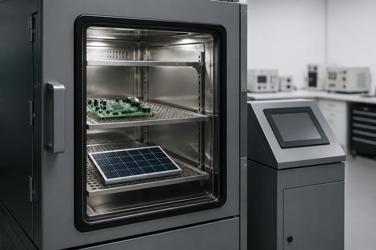 Damp heat steady-state test chamber with a PCB and a solar panel on the rack inside, dry specimen surfaces, control unit beside it, Beijing ZKGX Research.