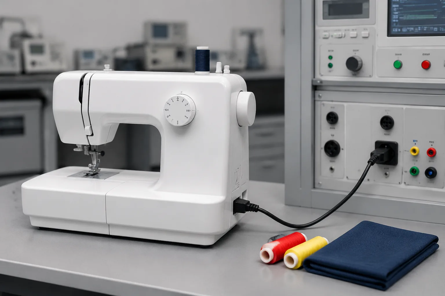 Sewing machine testing: a household electric sewing machine on an appliance-safety lab bench with thread spools, Beijing ZKGX Research.