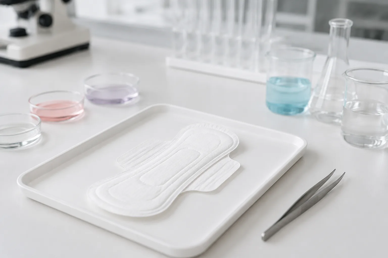 Sanitary napkin testing: an unwrapped sanitary napkin on a sample tray with petri dishes and beakers in a hygiene-product lab, Beijing ZKGX Research.