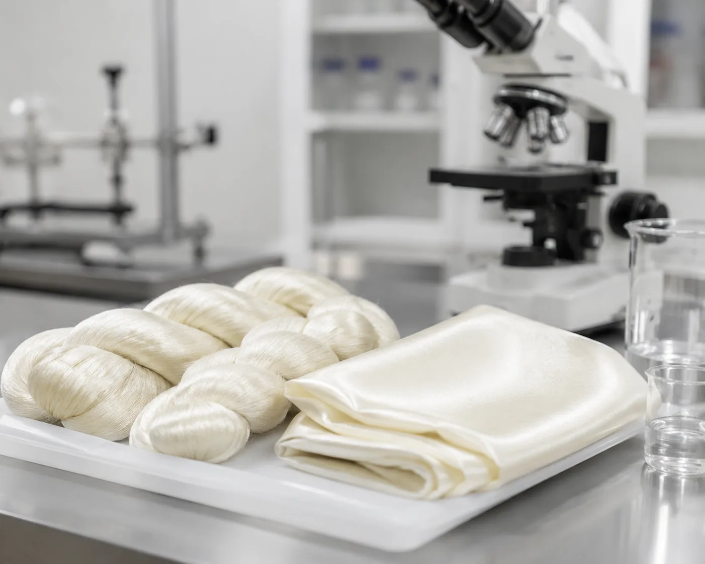 Silk testing: raw silk skeins and a folded piece of woven silk fabric on a textile-lab tray with a microscope, Beijing ZKGX Research.