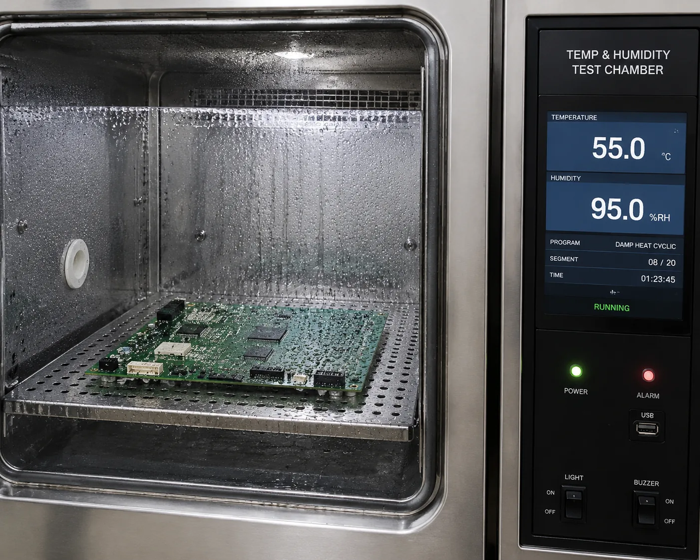 Damp heat cyclic test chamber interior with a PCB specimen on the rack showing condensation, controller reading 55 °C and 95% RH, Beijing ZKGX Research.