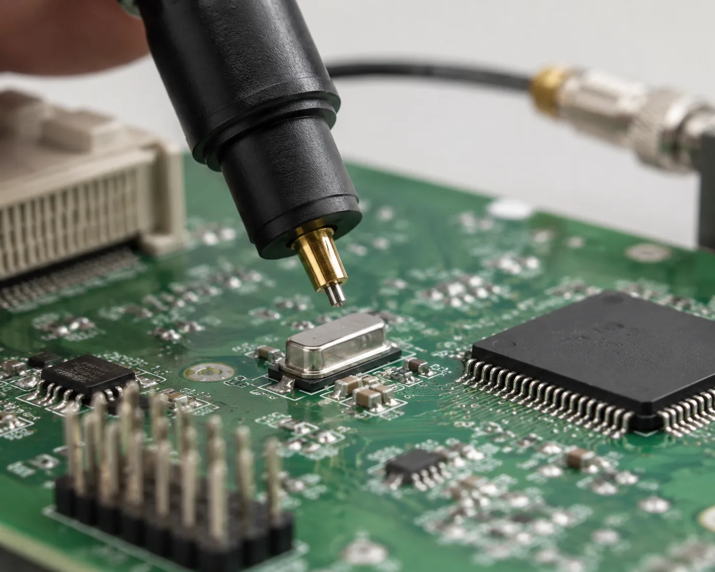 Crystal oscillator testing: quartz crystal on a PCB with load capacitors, a near-field probe held above it on a lab bench, Beijing ZKGX Research.