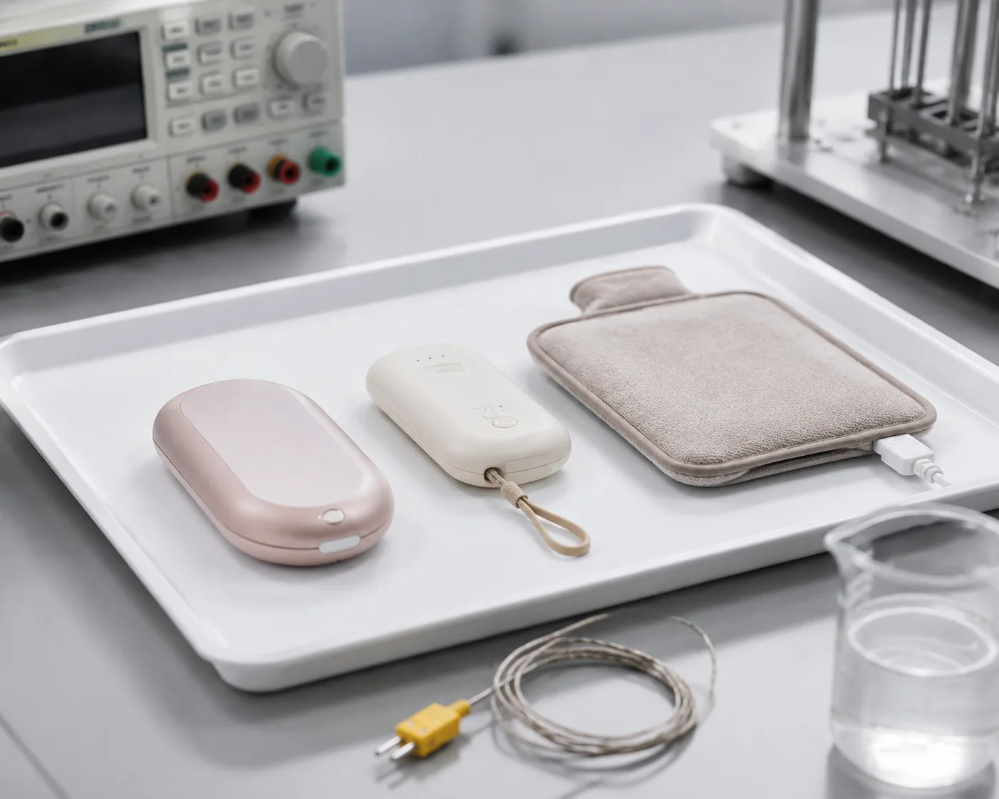Hand warmer testing: a pocket hand warmer and a plug-in warming bag on a safety-testing lab tray with a thermocouple, Beijing ZKGX Research.