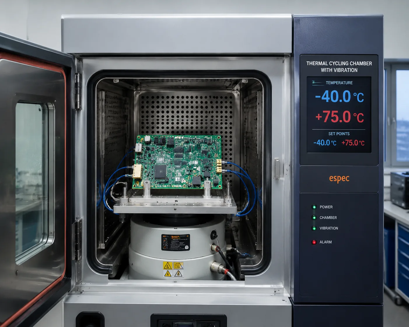 Environmental stress screening: PCB assembly on an electrodynamic shaker inside a thermal cycling chamber, −40 to +75 °C, Beijing ZKGX Research.