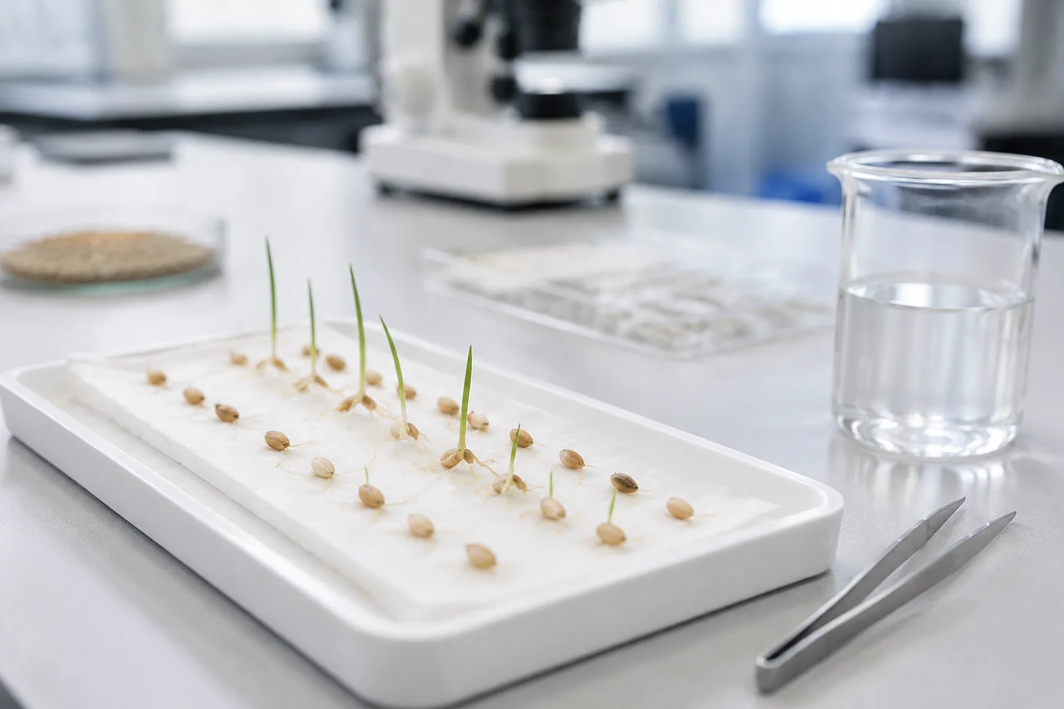 Seed germination testing: a tray of wheat grains on moist paper towel with a few green sprouted seedlings and tweezers, Beijing ZKGX Research.