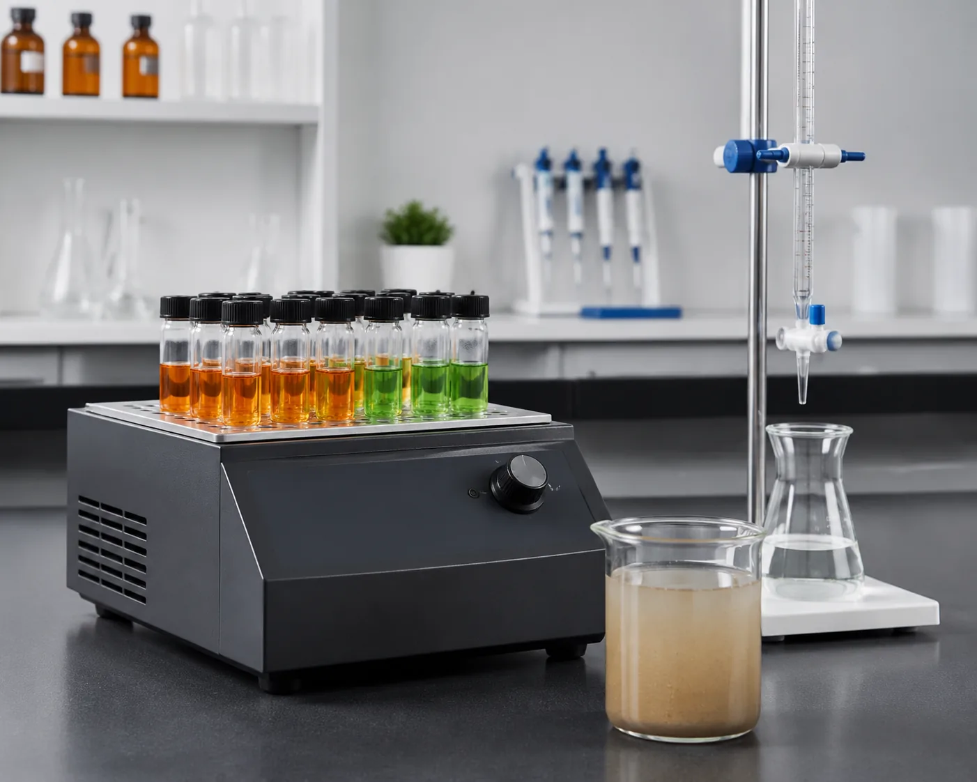 71268222e0e4497363aee42bbbfc8503COD testing: a reactor block heater with dichromate digestion vials beside a wastewater sample beaker and a titration burette, Beijing ZKGX Research.