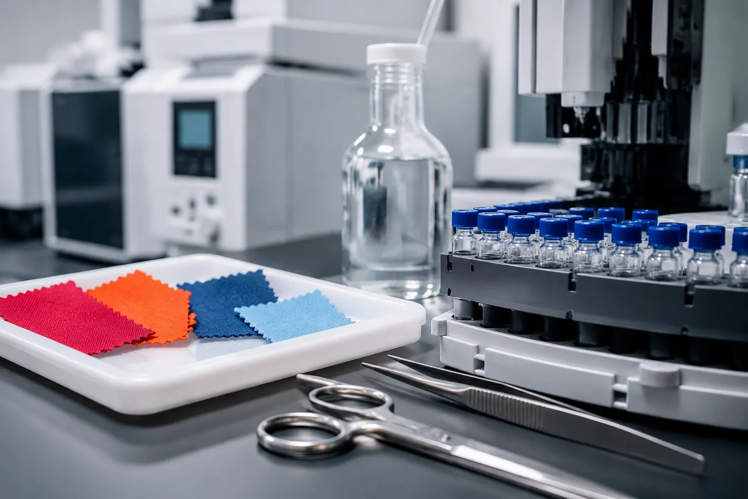 Aromatic amine dye testing: dyed fabric swatches beside GC-MS autosampler vials and solvent on a textile-chemistry lab tray, Beijing ZKGX Research.