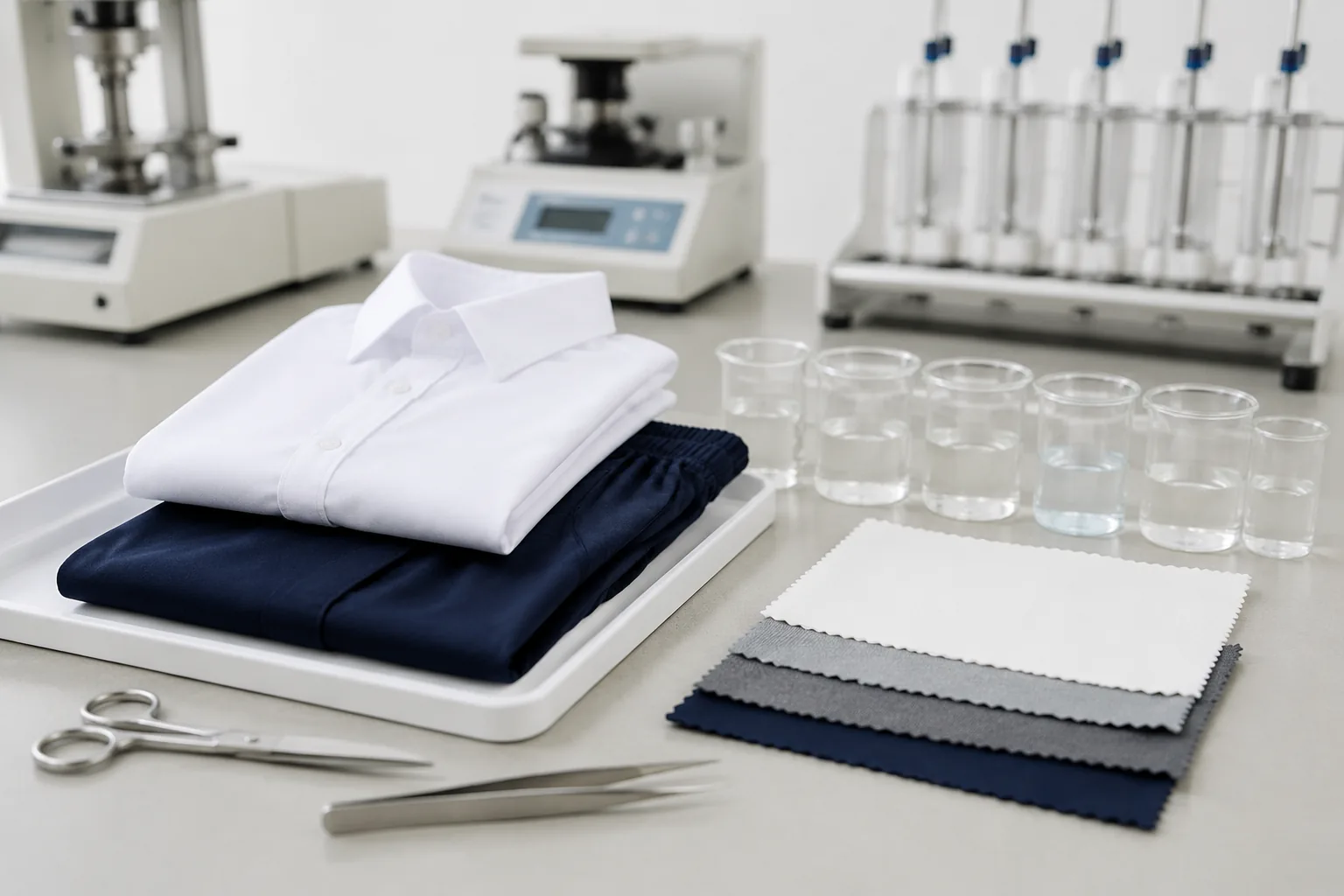 School uniform testing: a folded white shirt and navy shorts beside fabric swatches and test-solution beakers on a textile-lab tray, Beijing ZKGX Research.