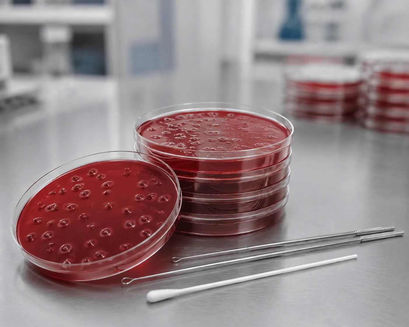 Beta-hemolytic streptococcus testing: blood agar petri dishes showing colonies with clear hemolysis rings beside inoculation loops, Beijing ZKGX Research.