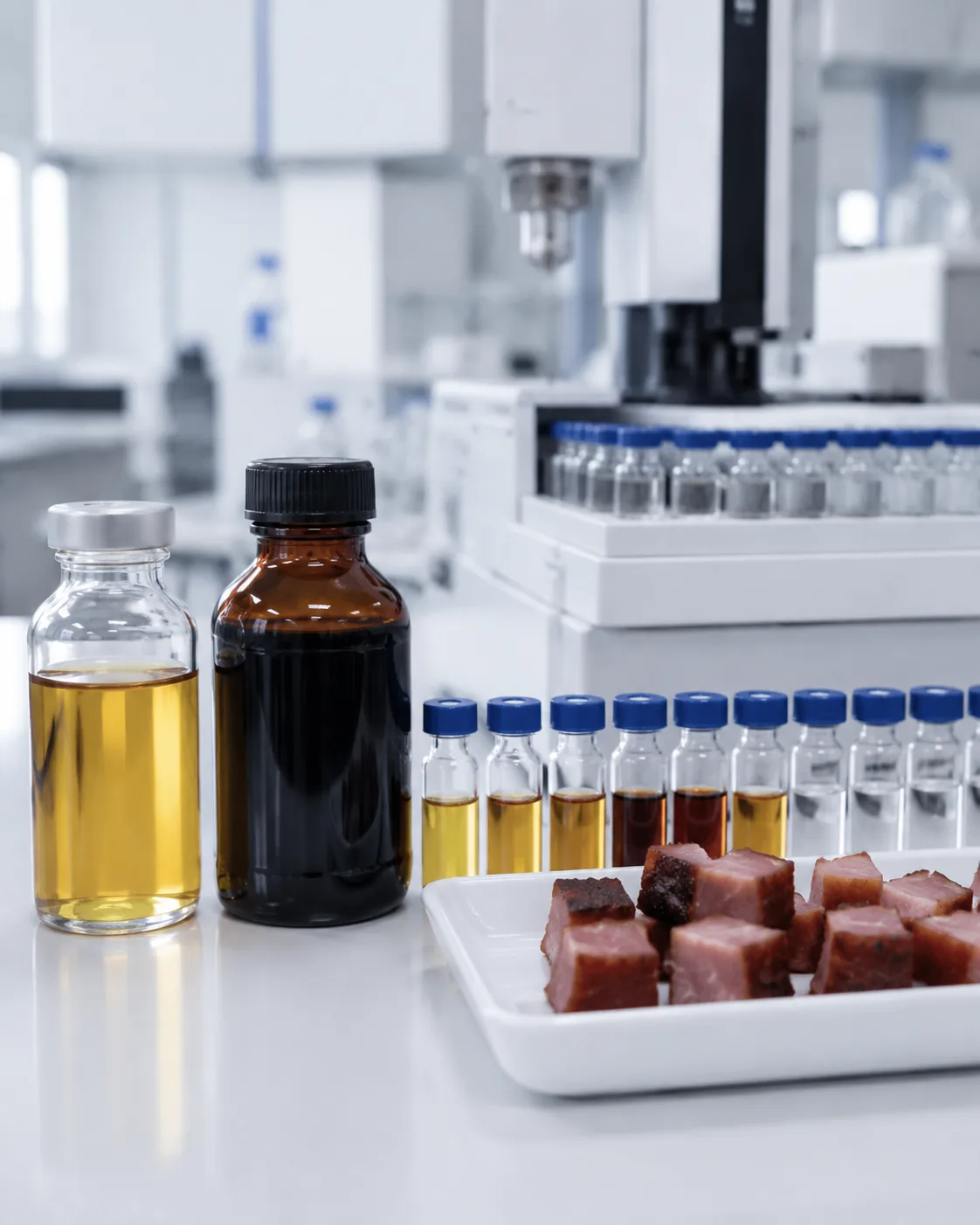 Benz[a]anthracene testing: edible oil and HPLC vials beside smoked-meat samples on a food-contaminant lab tray, Beijing ZKGX Research.