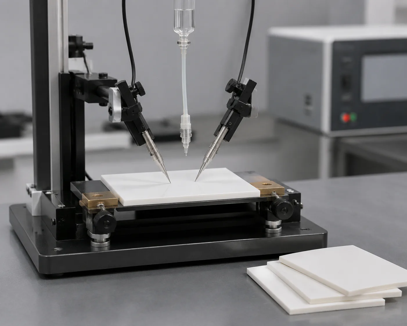 CTI testing: a flat insulator specimen in a fixture with two electrode tips and a drip reservoir above, on an electrical-safety lab bench, Beijing ZKGX.