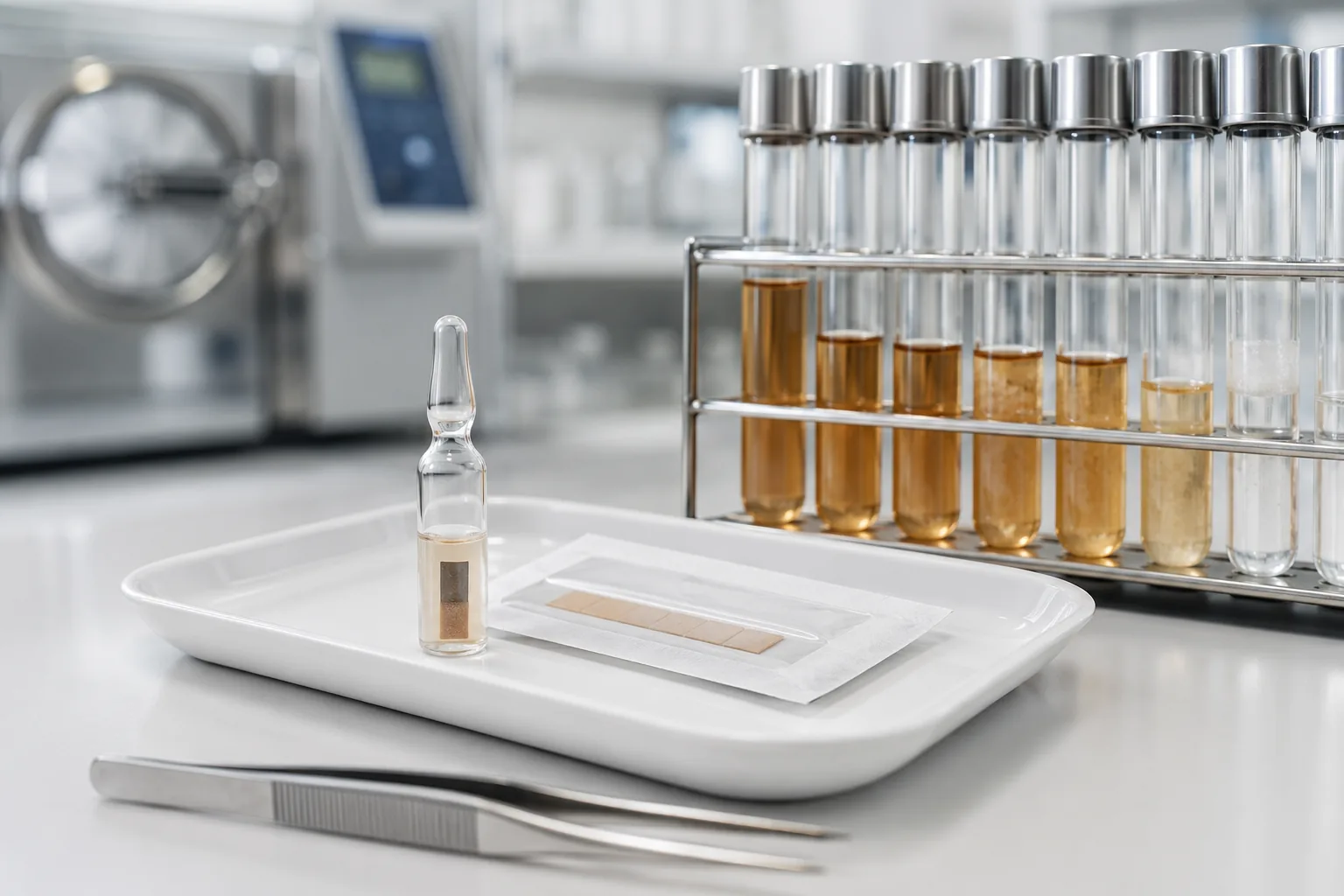 Thermophilic spore BI testing: a biological-indicator ampoule and a spore-strip envelope beside tubes of culture medium, Beijing ZKGX Research.