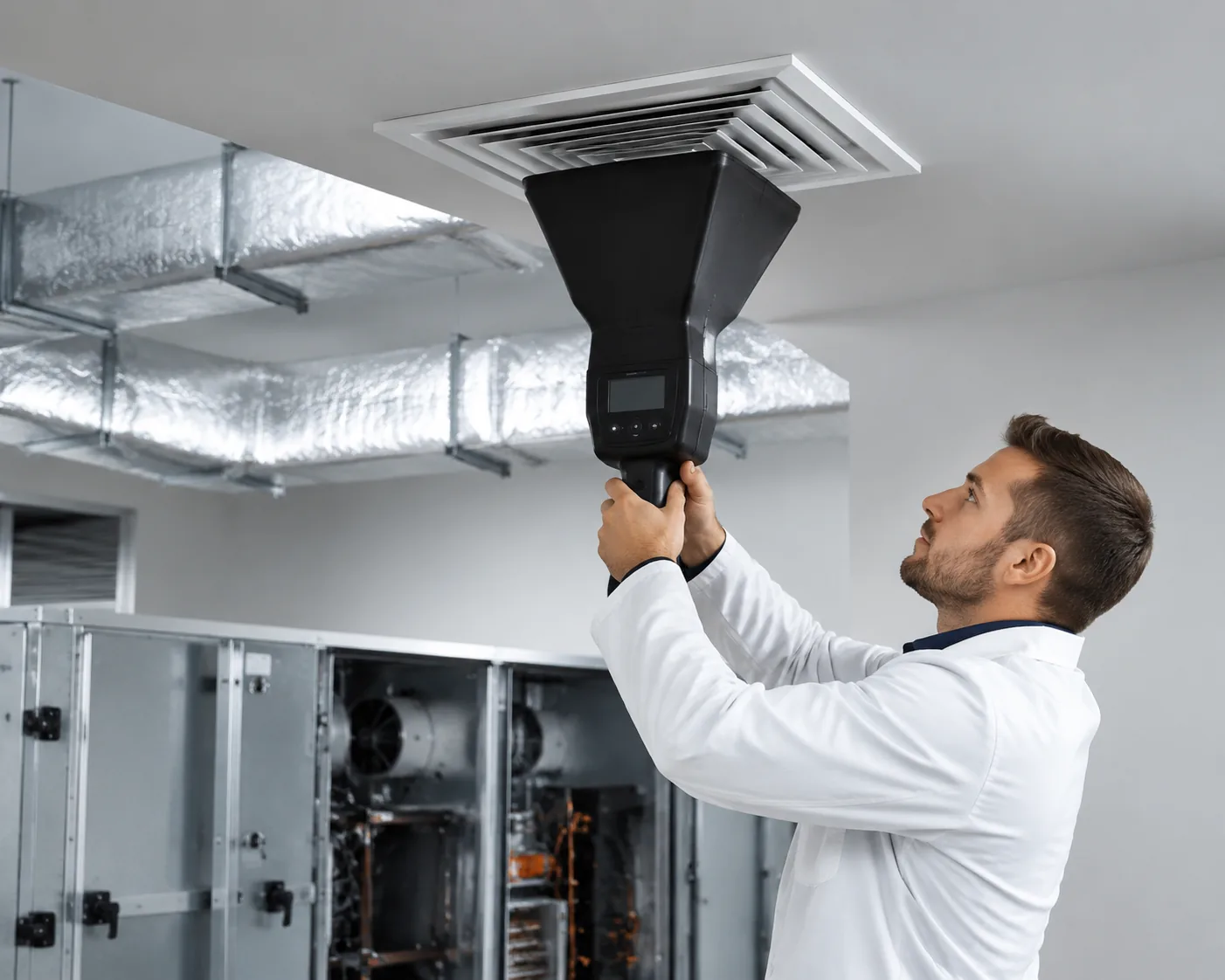 HVAC system testing: a technician holding an airflow hood up to a ceiling air diffuser beside an air duct and air-handling unit, Beijing ZKGX.