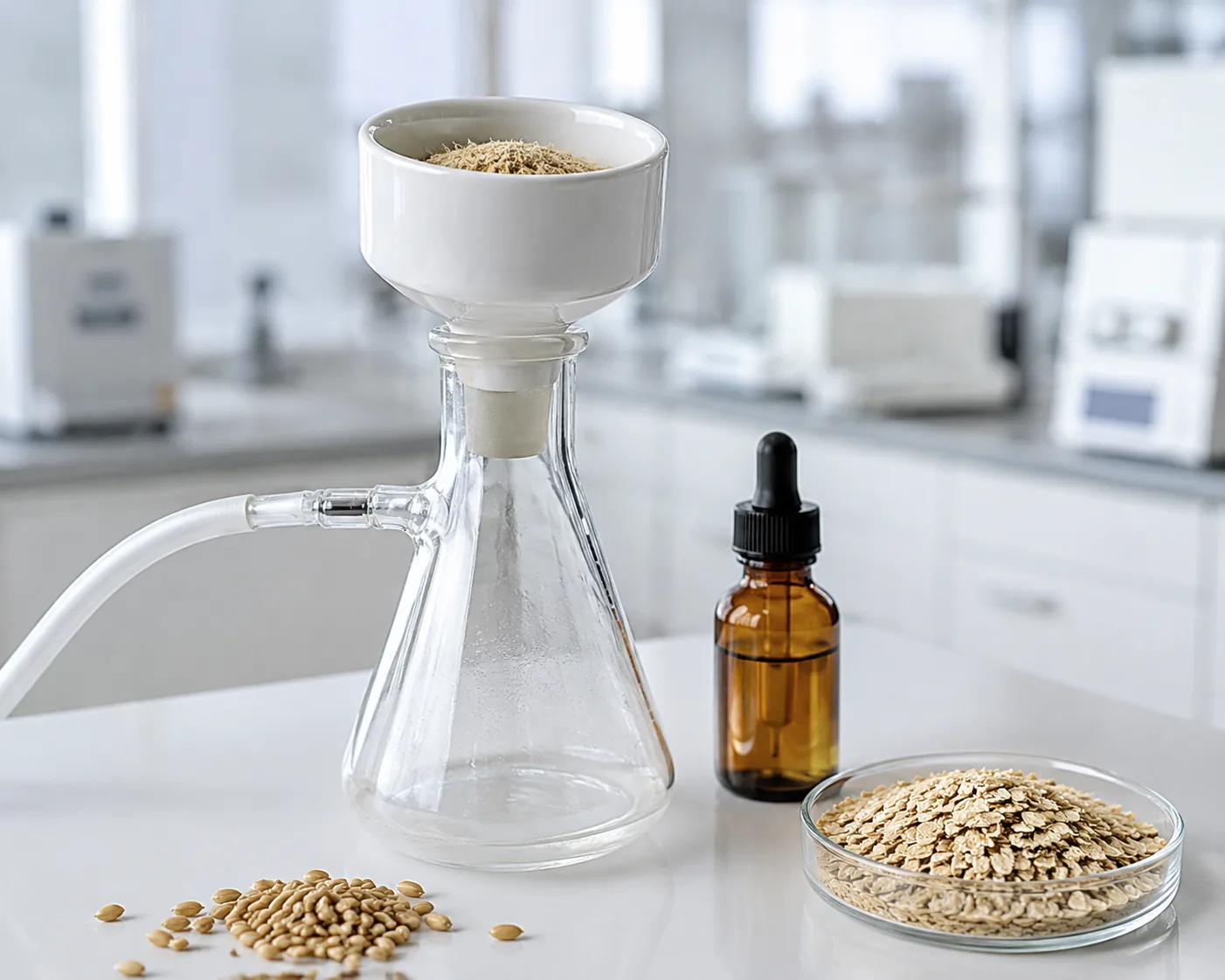 Dietary fiber testing: a glass crucible filtering fibrous residue beside wheat grains and an oat cereal sample in a nutrition lab, Beijing ZKGX Research.