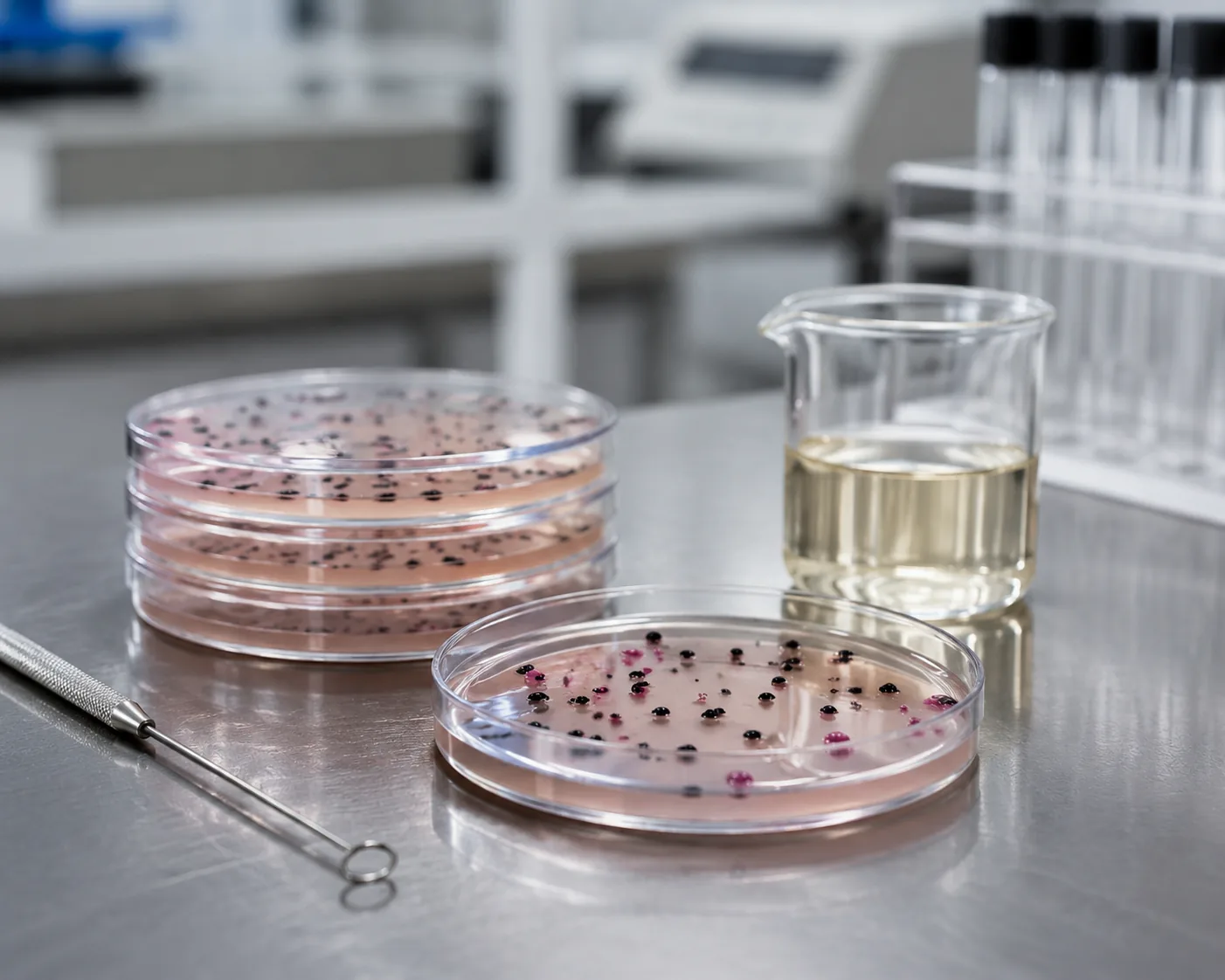 Salmonella testing: petri dishes with selective agar showing black-centered colonies beside an inoculation loop and broth beaker, Beijing ZKGX Research.