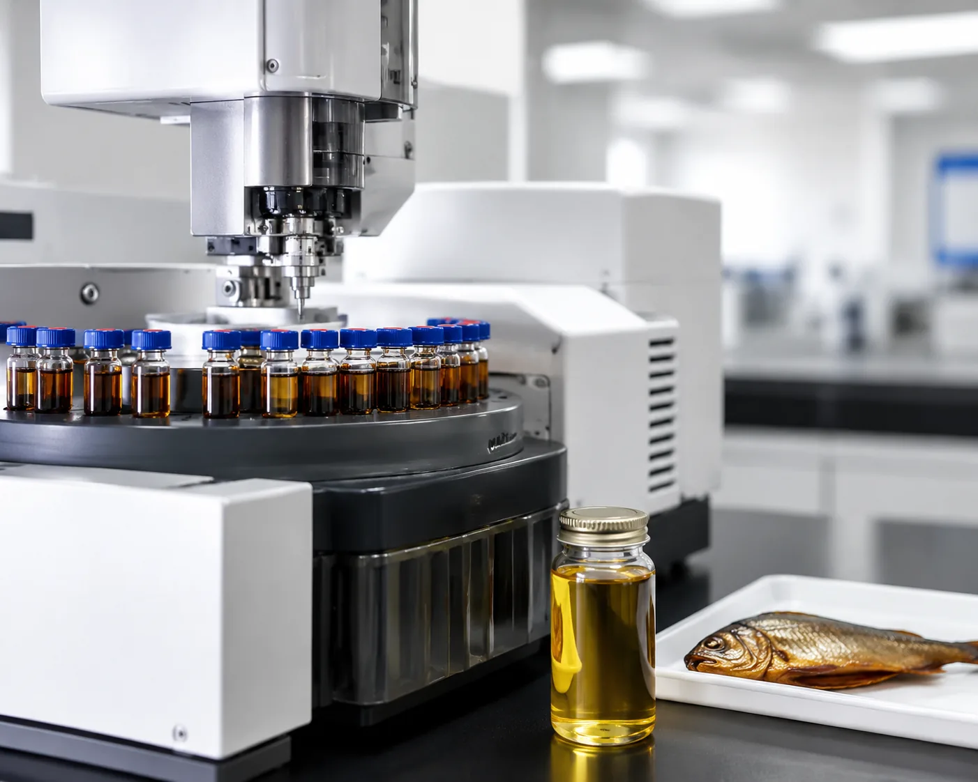 BbF testing: GC-MS autosampler vials with amber liquid beside an edible-oil vial and smoked fish sample on a food-chemistry tray, Beijing ZKGX.