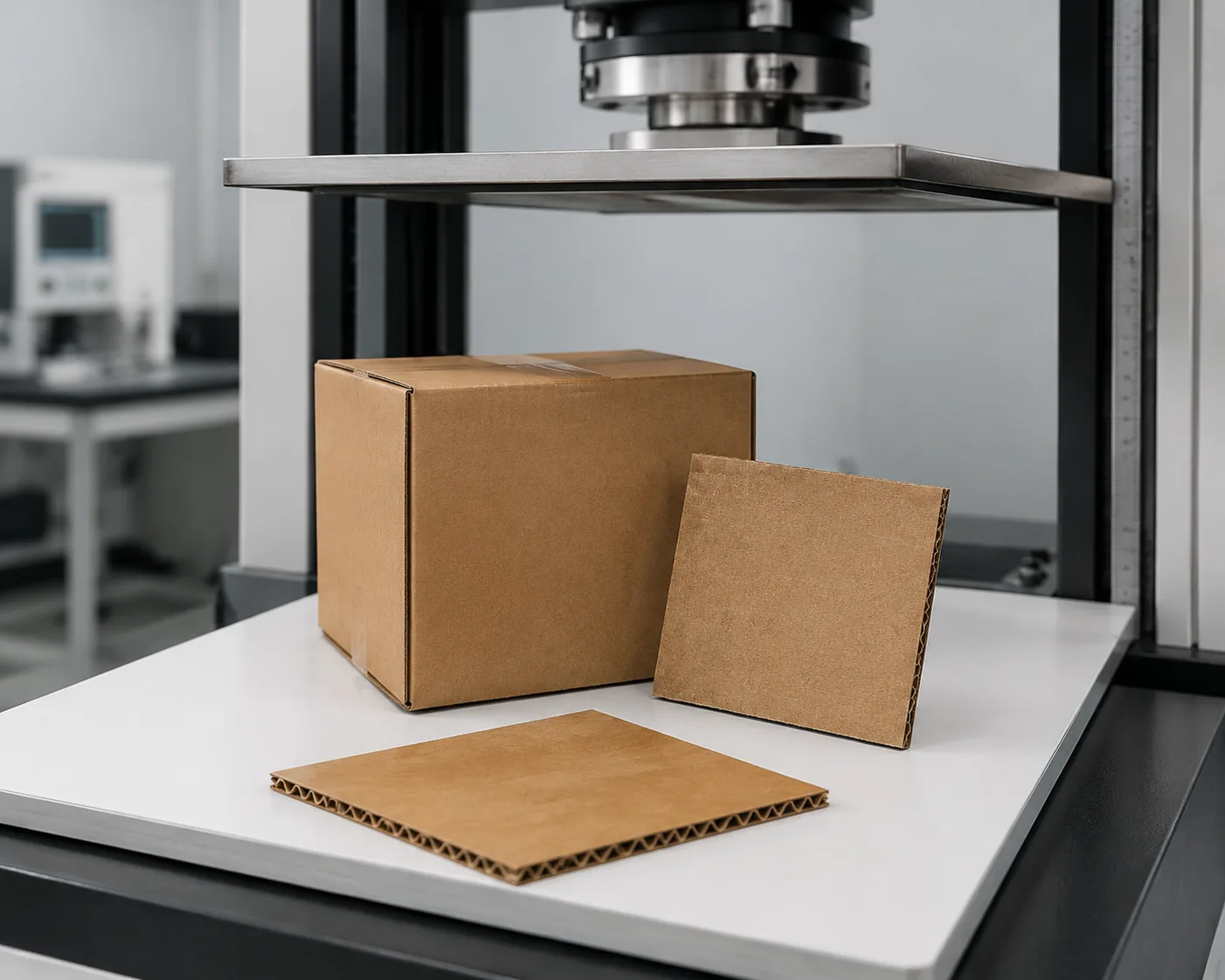 Cardboard testing: a brown corrugated box and board sample beneath the compression platens of a box compression tester, Beijing ZKGX Research.