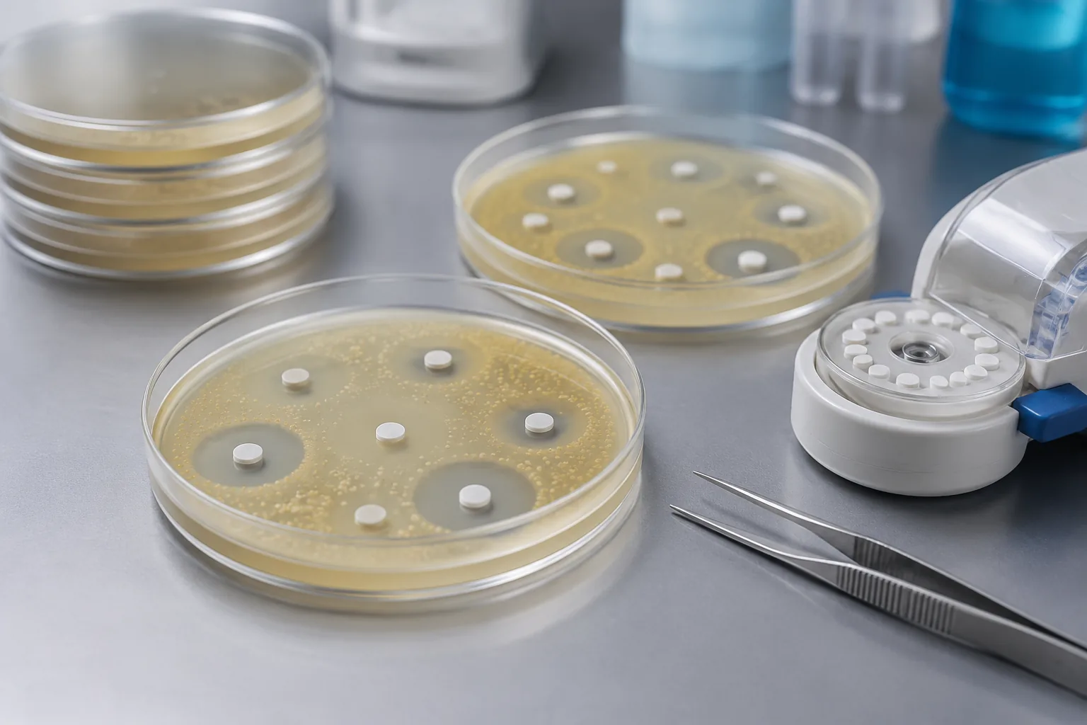 Inhibition zone test: petri dishes with paper discs surrounded by clear zones of inhibition, tweezers and a disc dispenser on a micro lab bench, Beijing ZKGX.
