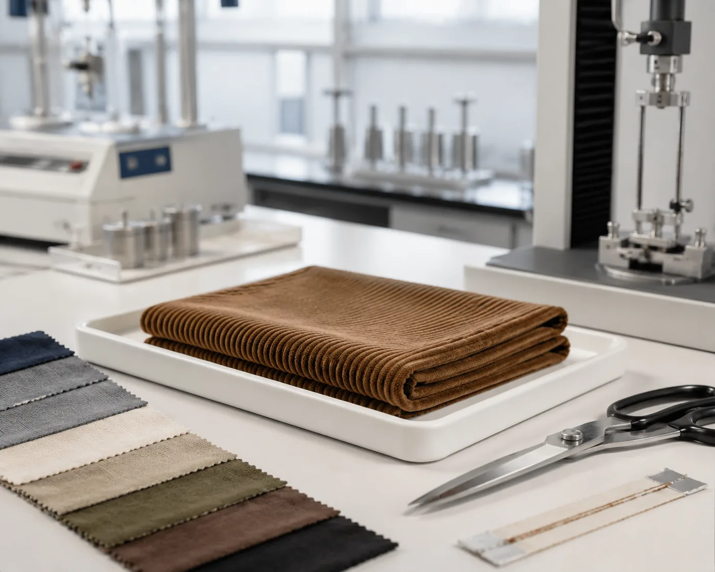 Corduroy testing: a folded brown corduroy fabric with visible wale ridges beside colored fabric swatches and scissors on a textile-lab tray, Beijing ZKGX.
